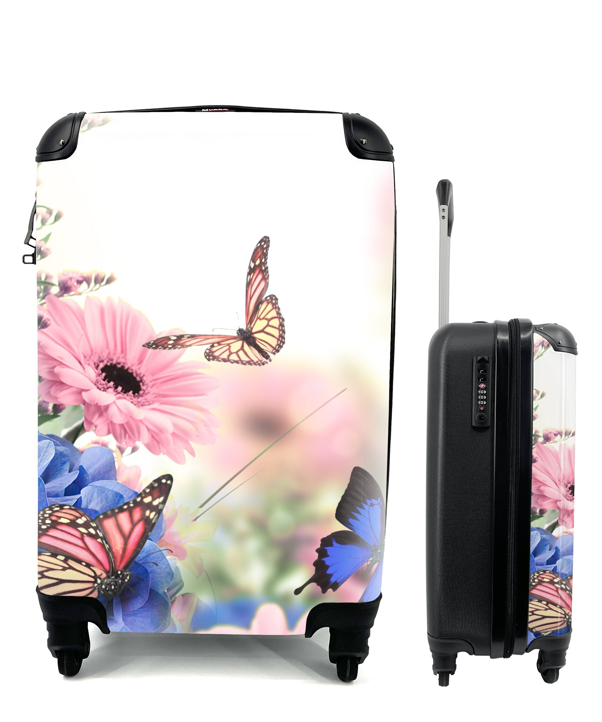 MuchoWow Handgepäckkoffer Schmetterlinge - Blumen - Hortensien - Insekten, 4 Rollen, Reisetasche mit rollen, Handgepäck für Ferien, Trolley, Reisekoffer