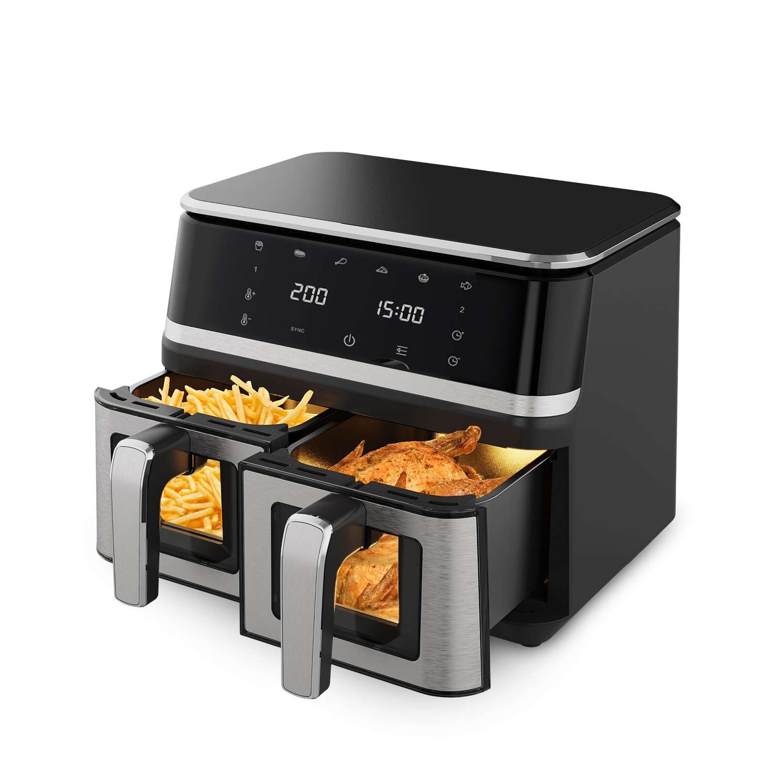 BBG Heißluftfritteuse Dual Airfryer 8.2L mit Sichtfenster, 2-Kammer Heißluftfritteuse 2000W, 2000 W, Edelstahl, Touchscreen, 6 Programme, 80–200°C, Timer, Fettarmes Kochen