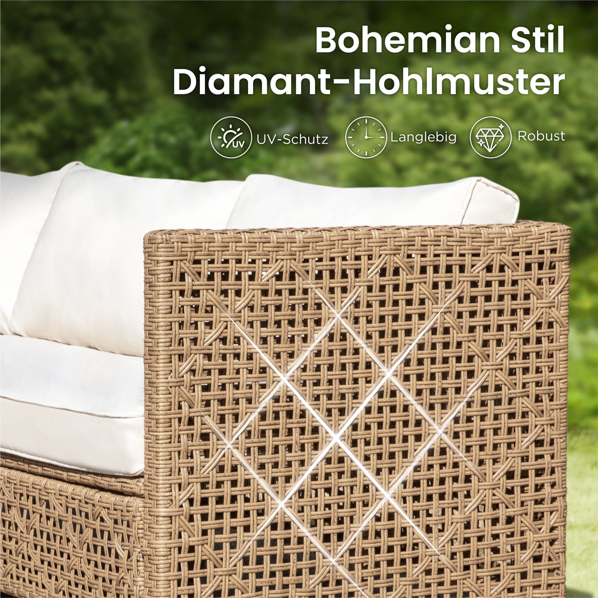 PHI VILLA Gartenlounge-Set, (1 Zweisitzer-Sofa, 2 Einzelsofas, 1 Chaiselongue und 1 Kleiner Couchtisch, PE Rattan Lounge Möbel Outdoor), 6 Personen Terassenmöbel Außen Gartensofa, Beige und Dunkelblau