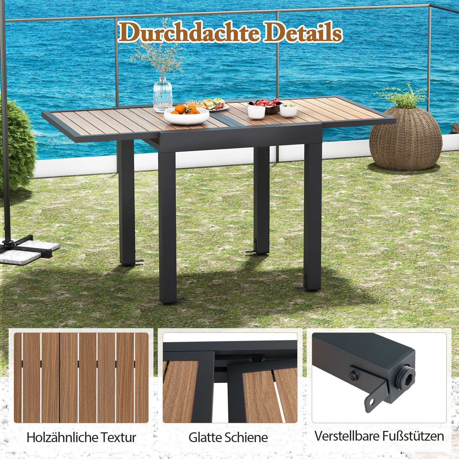 COSTWAY Gartentisch 129x42cm - Wetterfester Terrassentisch Aus WPC Für Balkon & Garten