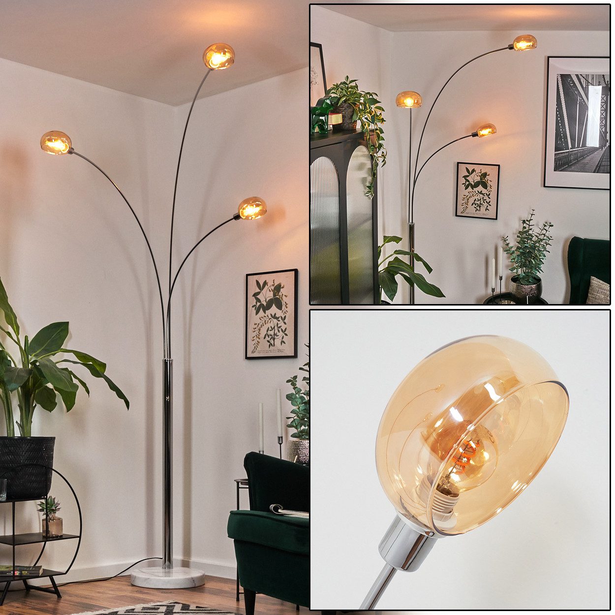 Stehlampe Stehlampe aus Metall in Weiß/Chrom/Bernstein im Retro/Vintage-Design