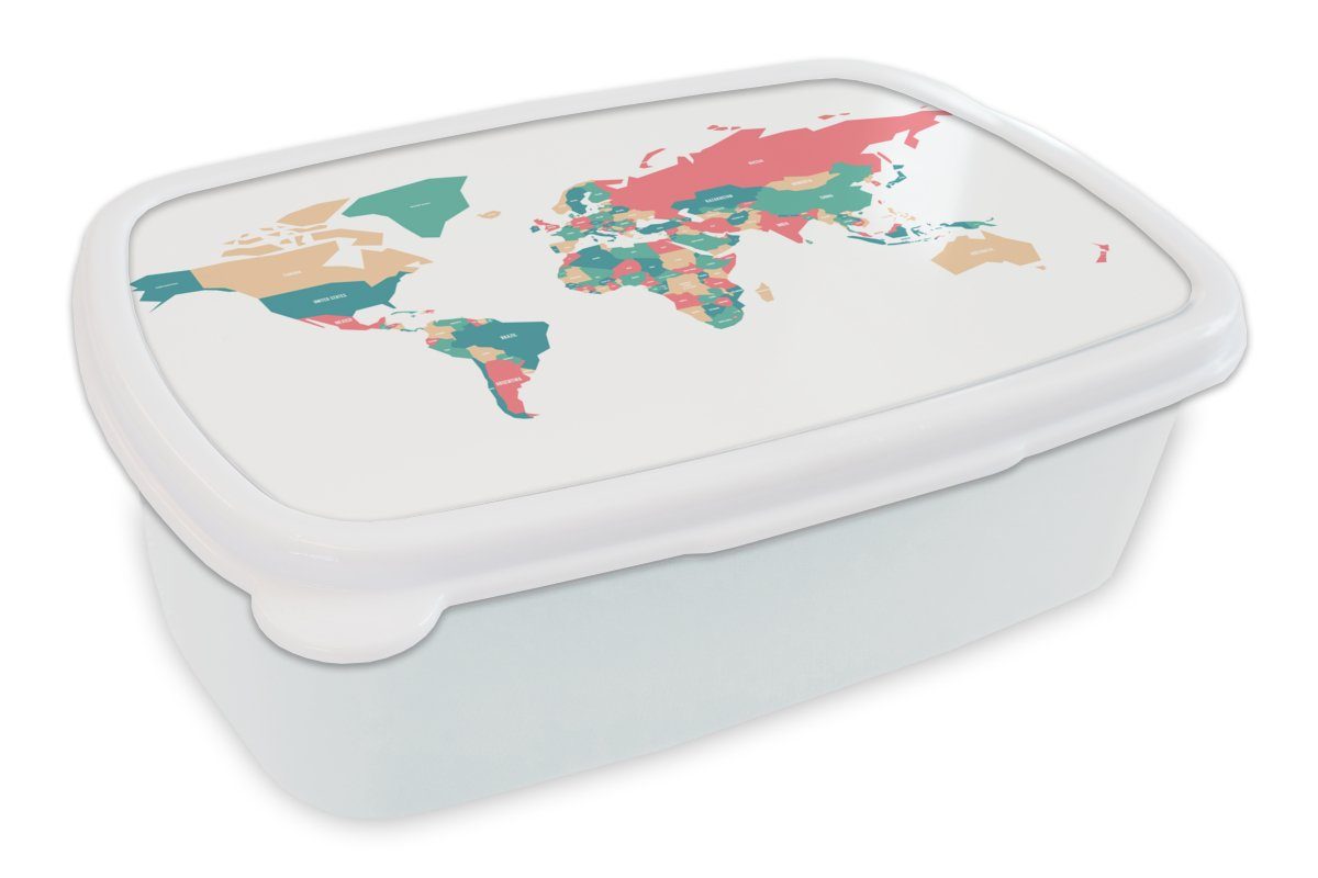 MuchoWow Lunchbox Weltkarte - Rosa - Blau - Einfach, Kunststoff, (2-tlg), Brotbox für Kinder und Erwachsene, Brotdose, für Jungs und Mädchen weiß