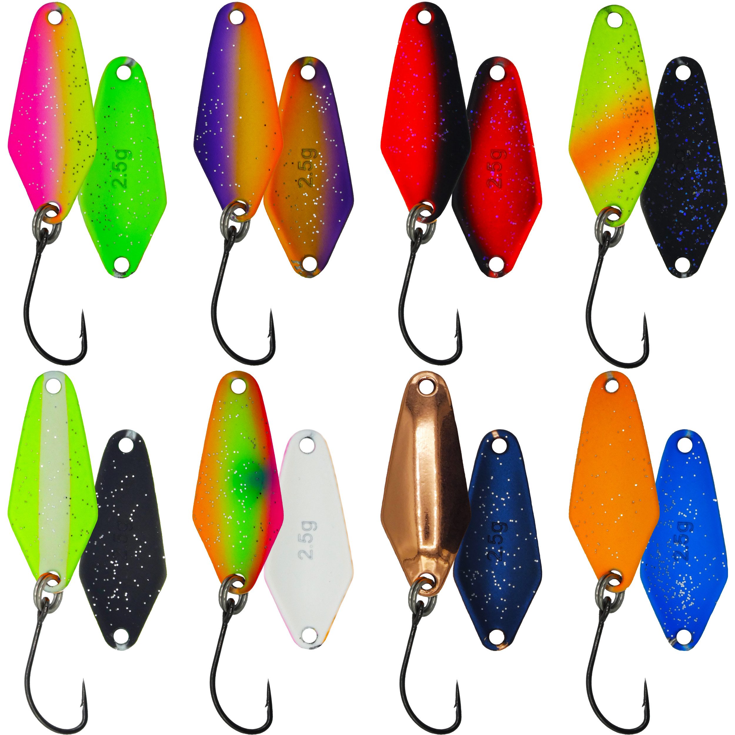 Paradox Fishing Kunstköder Neon Forellen Spoon Set 2,5g 8 Stück, (Forellenköder), UV-Aktiv inkl. Snaps