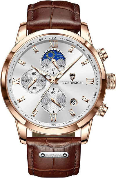 Lige LG8953 Watch, Herren Chronograph Uhr - Wasserdicht, Business, Sport, Datum, Leder