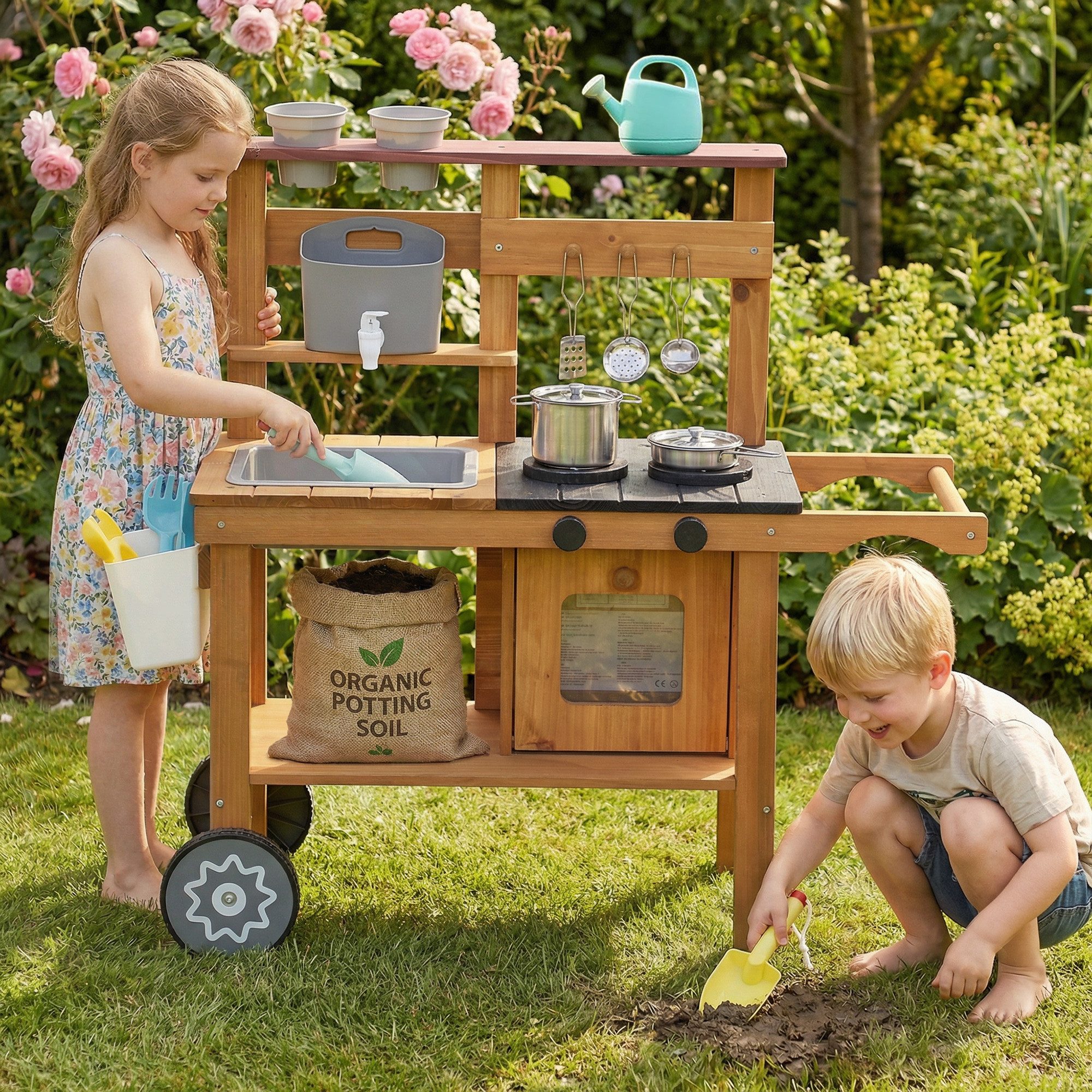AIYAPLAY Outdoor-Spielküche Kinder Matschküche mit Wasserhahn Spüle Pflanzkasten Rädern Stauraum Tannenholz, für draußen für Kinder von 3 bis 6 Jahren Braun