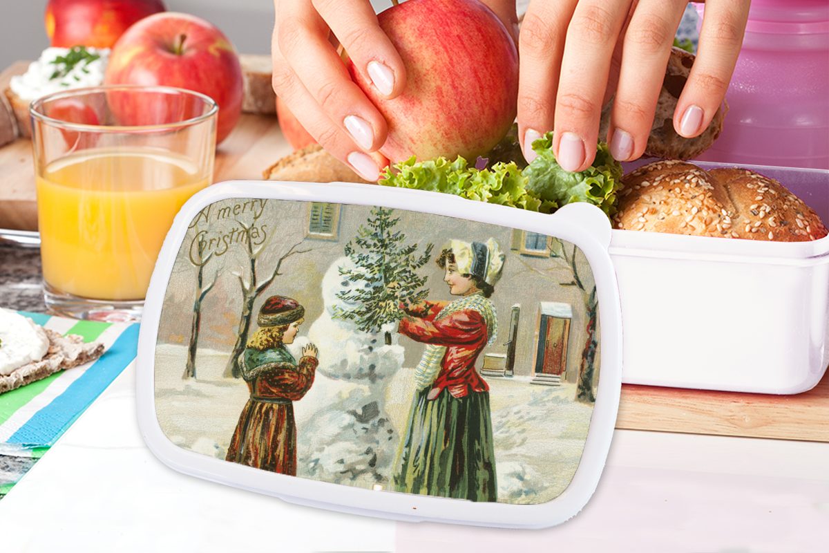 Kunststoff, und für MuchoWow Jungs weiß Brotdose, Erwachsene, Weihnachten (2-tlg), Kinder - Brotbox für und Schnee Lunchbox Weihnachtskarte, Mädchen -