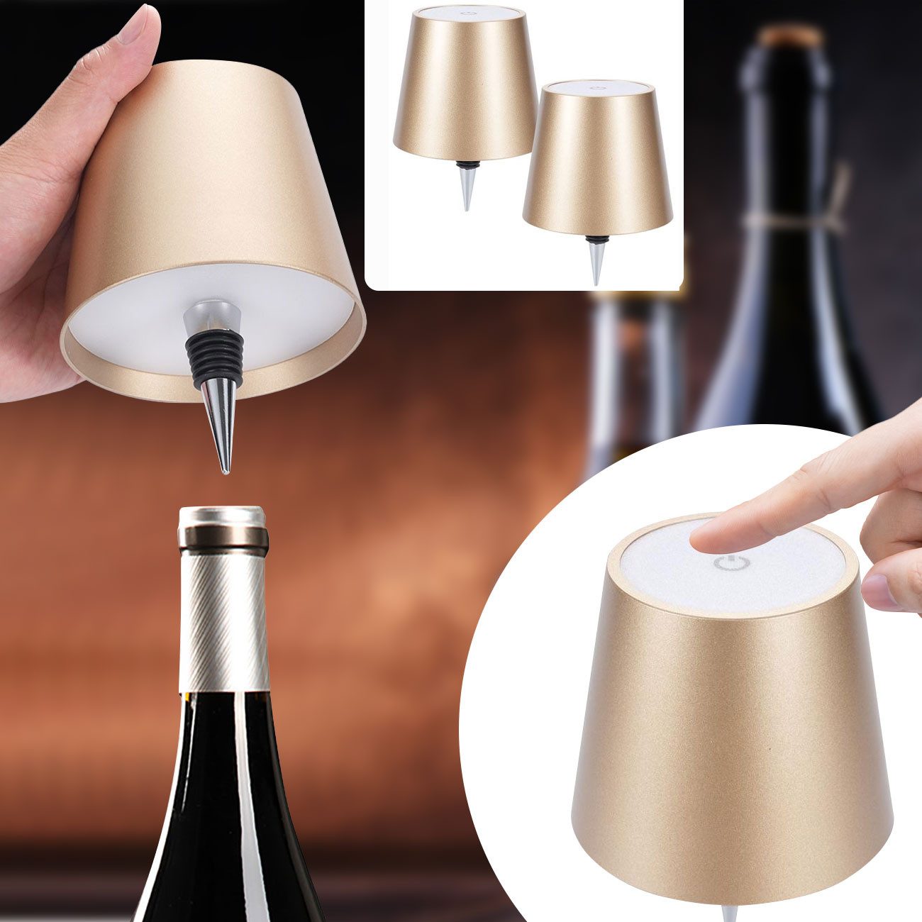 shop'n smile ideoon LED Tischleuchte Akku Flaschenlampe dimmbar LEDs in 3 Lichtfarben Ø 10,5 x14,5 cm Touch, LEDs mit 3 auswählbaren Lichtfarben, Kaltweiss / Warmweiss / Naturweiss, USB-C-Aufladung inkl. Kabel, Metall-Lampenschirm, in Gold
