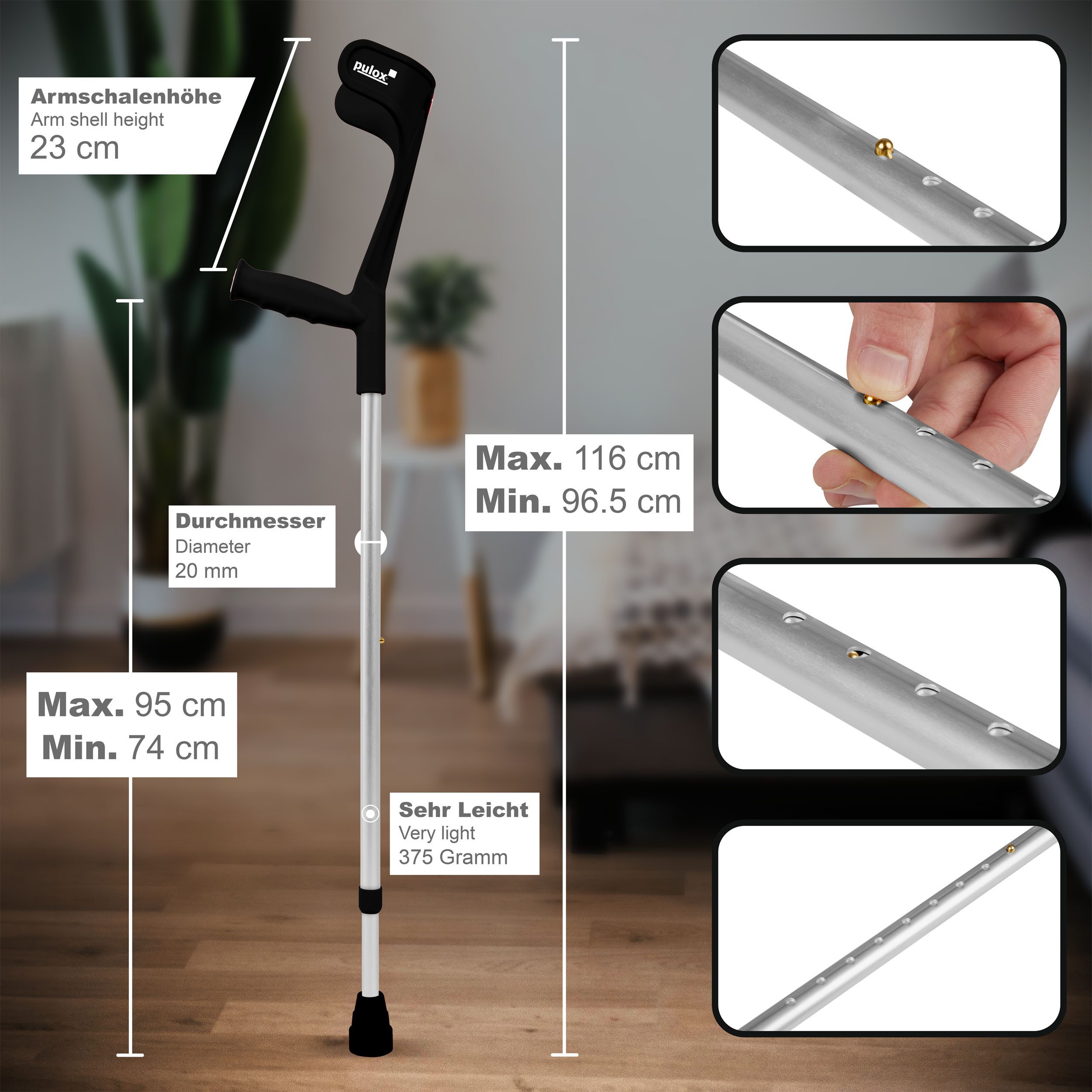 pulox Unterarmkrücke 1 Paar Krücken (2 Stk) Klassiker von Ossenberg - Schwarz, 2-tlg.
