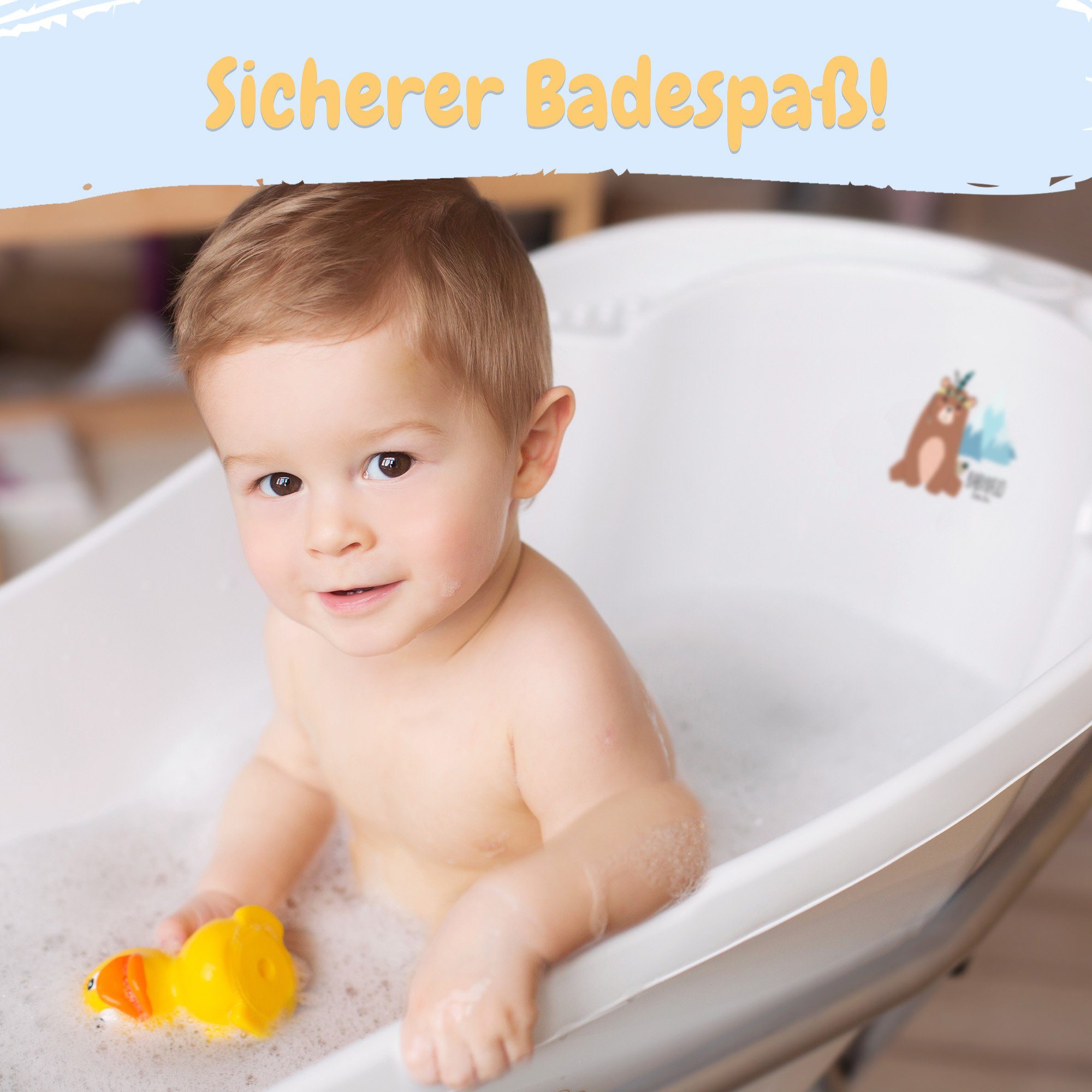 Babykajo Babybadewanne, (Teile, 7-tlg), Baby Badesitz weiß + mit Trainer + Badewanne WC Hocker Bärchen + + Gestell Töpfchen