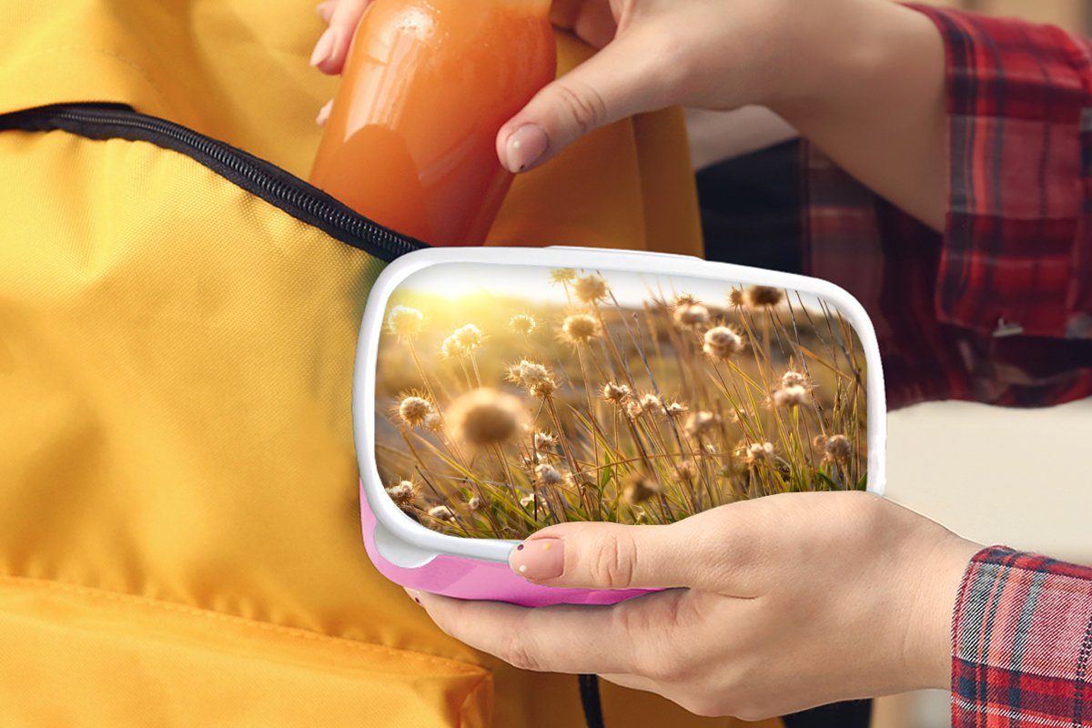 MuchoWow Lunchbox Pflanzen - Natur Mädchen, Sonne Brotbox - Kunststoff, rosa für Horizont, Blumen Erwachsene, - Kinder, Brotdose Kunststoff - Snackbox, (2-tlg)