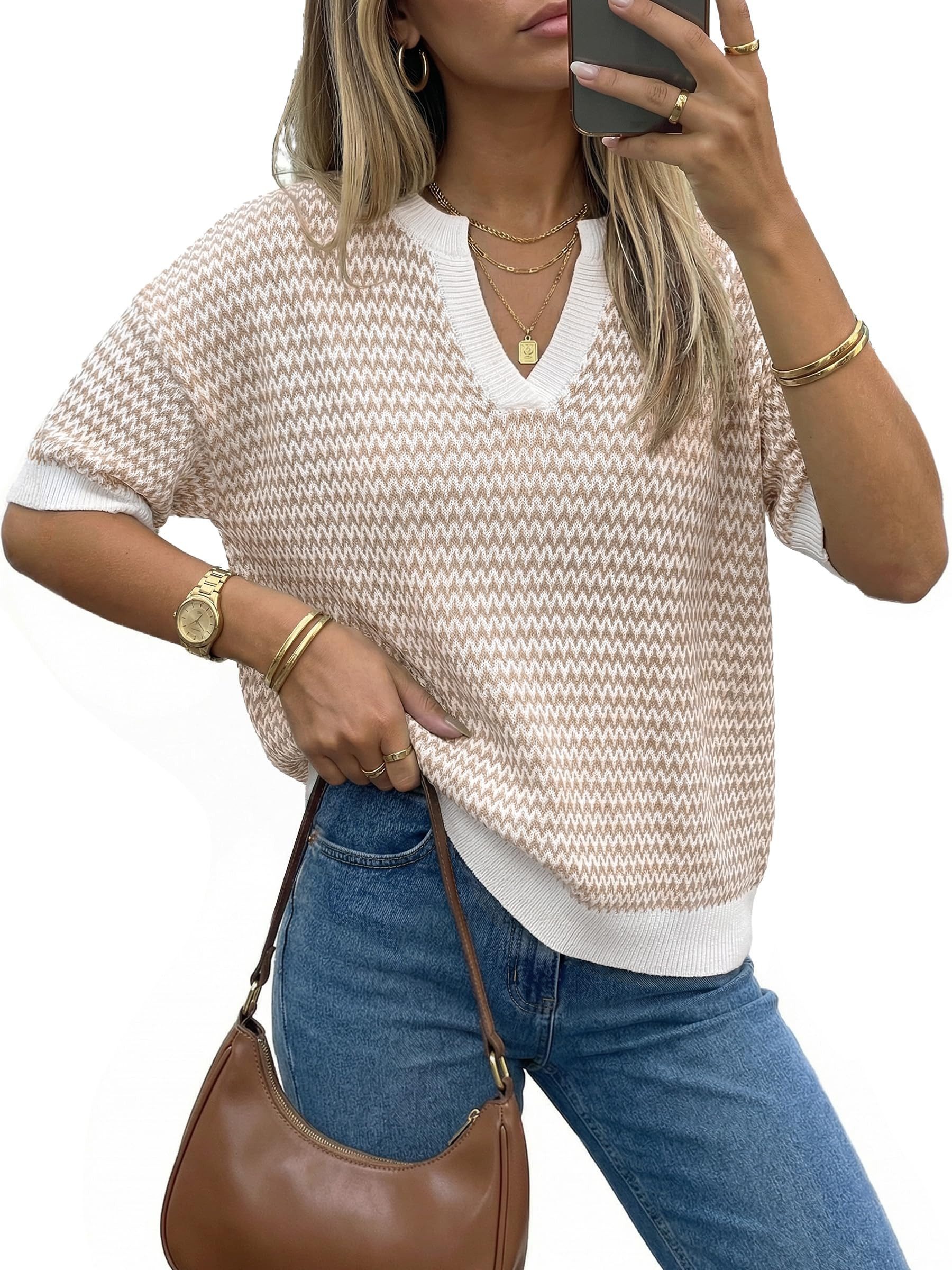 Arach&Cloz Strickpullover Damen Kurzarm-Pullover, Polo V-Ausschnitt 100% Baumwolle, Gestreift Sommer Strickshirt, Casual Top