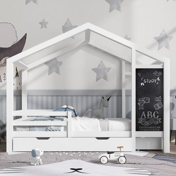 Flieks Kinderbett, Hausbett mit 2 Schubladen und Tafel 90x200cm Kiefer