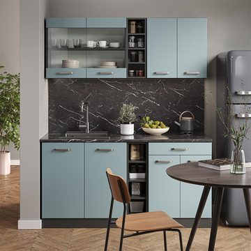 Livinity® Küchenzeile R-Line, Blau-Grau/Anthrazit, 160 cm, AP Marmor