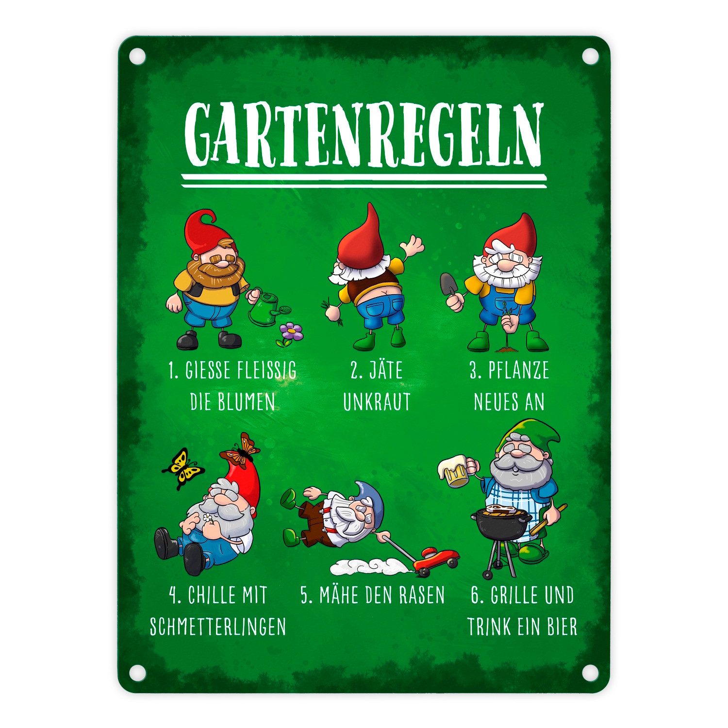 speecheese Metallschild Gartenregeln Metallschild in 15x20 cm mit lustigen Gartenzwergen