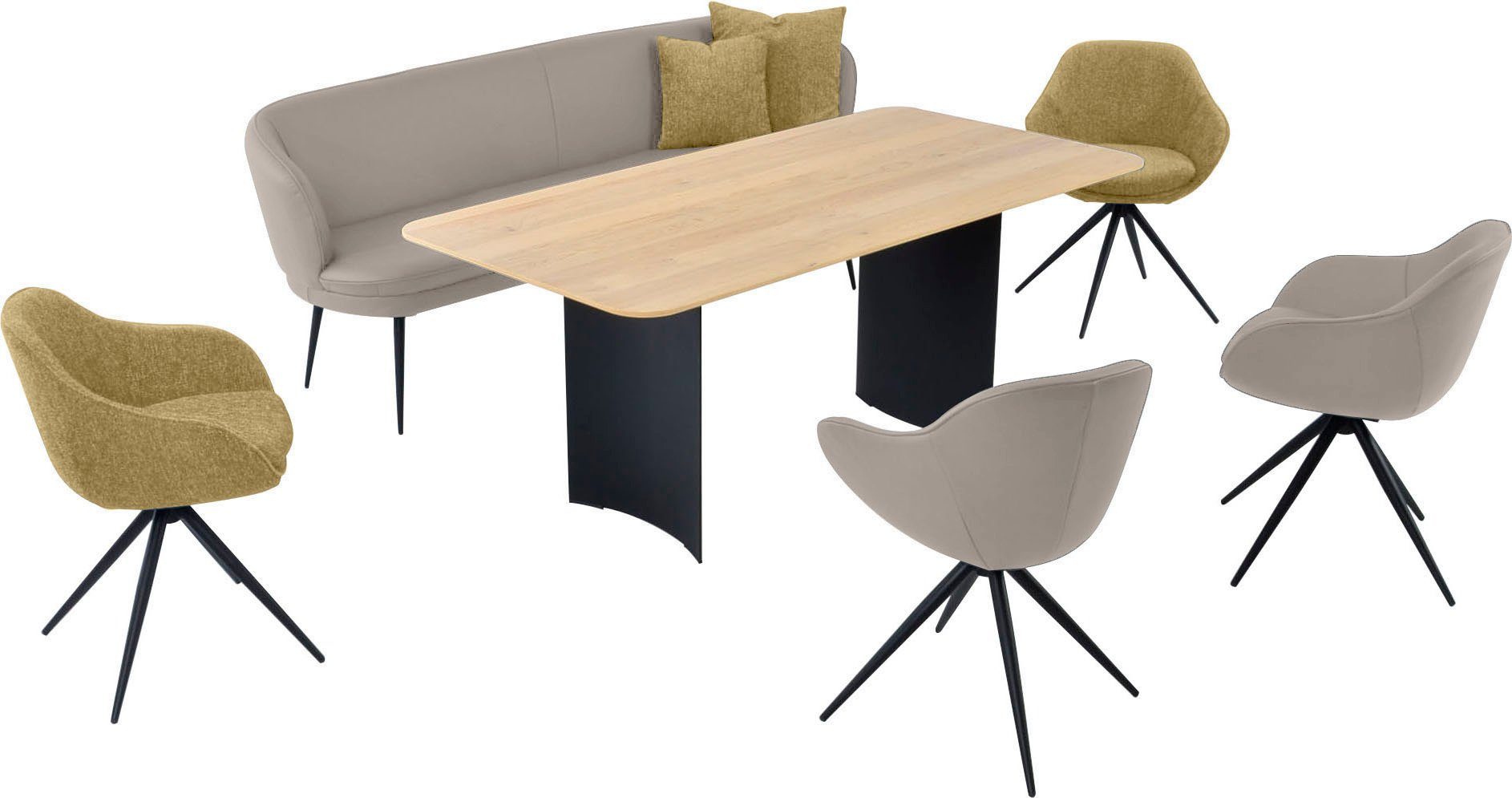 K+W Komfort & Wohnen Essgruppe 40 Solobank, 1 abgerundete Materialmix, Tisch und 4 ZOOM, in lightgrey 85/yellow Sesseln Essgruppe