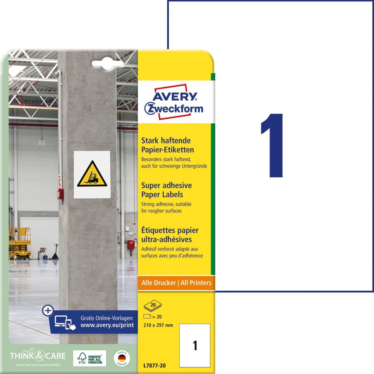 Avery Zweckform Etiketten Papier-Etiketten stark haftend 210x297mm VE=20 Bogen/20 Etiketten weiß