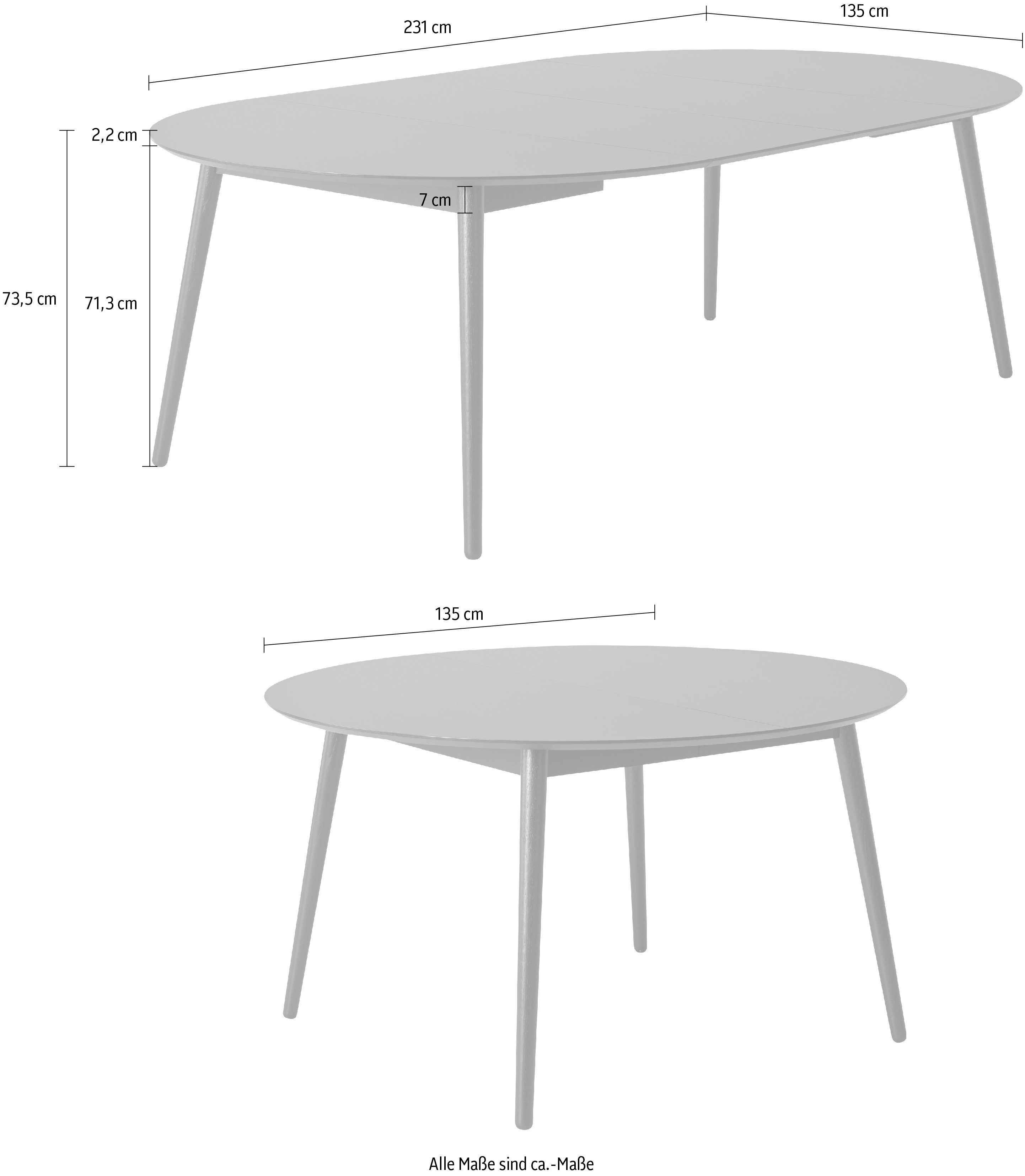 Hammel Furniture Esstisch by runde aus Tischplatte Hammel, Ø135(231) Massivholzgestell Meza cm, MDF/Laminat, Naturfarben