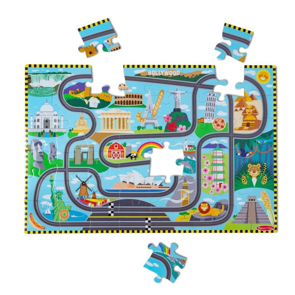 Melissa & Doug Puzzle Bodenpuzzle mit Schienen und aufziehbaren Fahrzeuge 48 Teile, 48 Puzzleteile, Rennstrecke