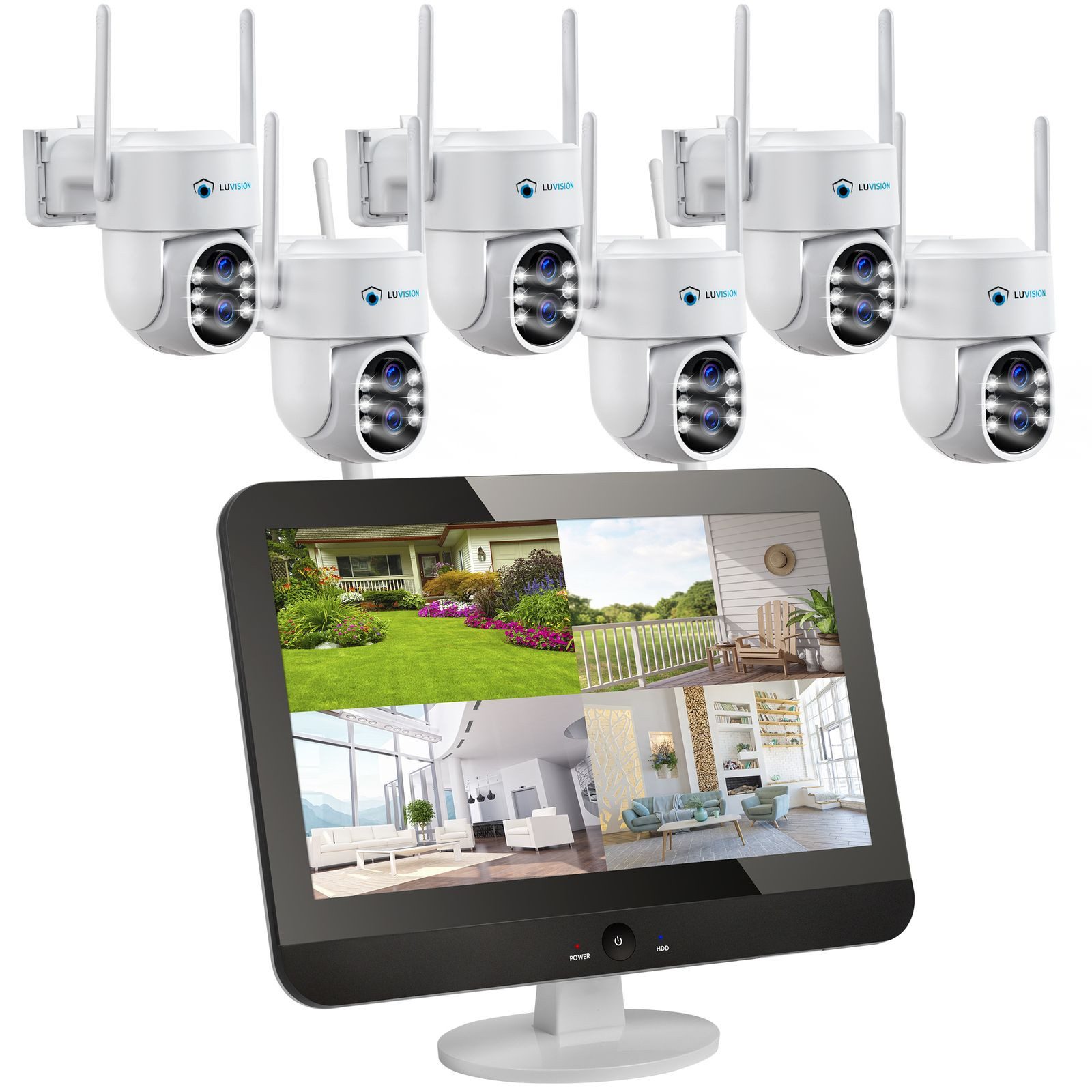 LUVISION Überwachungskamera K8210-W6+PJ2131-W6 6er (Außen- und Innenbereich, 6-tlg., WLAN Funk Überwachungssystem mit 12,5 Monitor Überwachungskamera Set, PTZ, Sirene, Auto-Tracking, KI Person-, Auto-, Tiererkennung, Mikrofon)