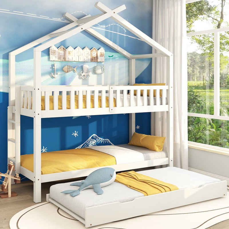 Ulife Kinderbett weißes Etagebett mit Treppe & 3 ausziehbaren Liegeflächen, 90*200 cm (Packung), Platzsparendes Design