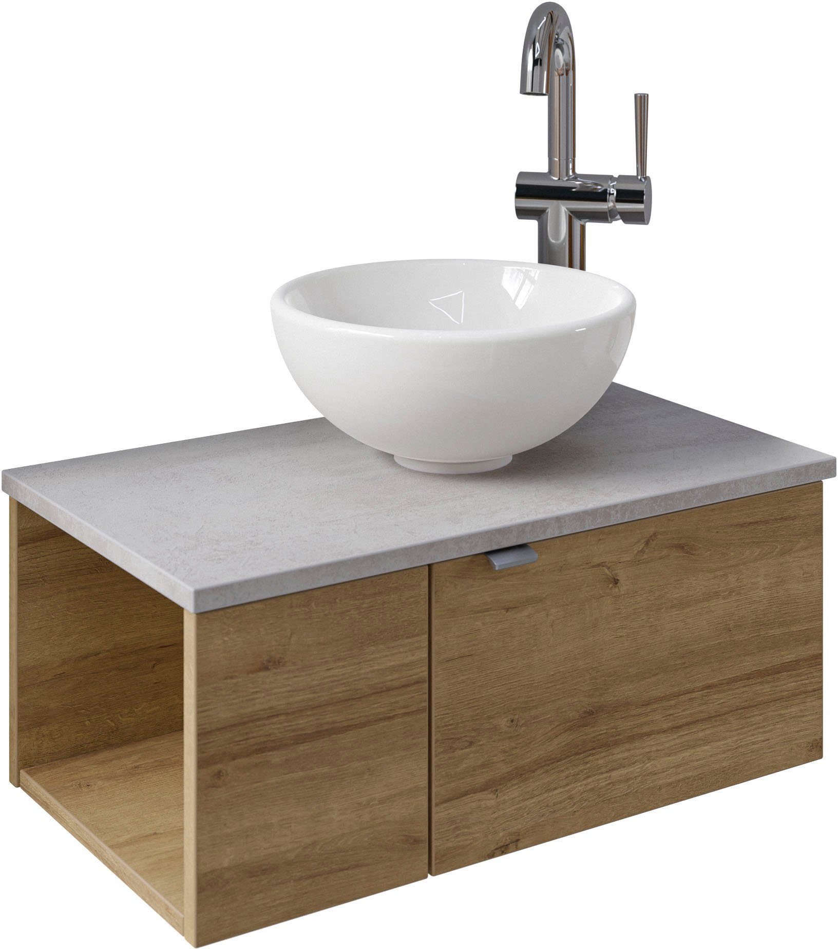 Saphir Waschtisch Serie 6915 Waschschale mit Unterschrank für Gästebad, Gäste WC (3-St., Keramik-Aufsatzbecken, Waschtischplatte, Waschtischunterschrank), 61 cm breit, 2 Türen, offenes Fach, kleine Bäder, ohne Armatur