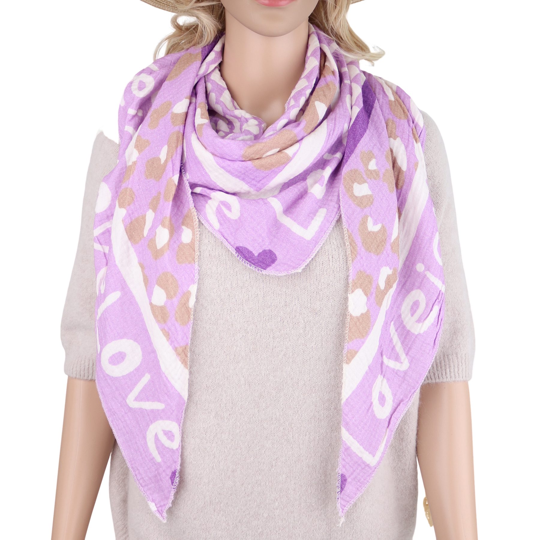 MIRROSI Dreieckstuch Aus Musellin Dreiecksschal ca.200x90 cm, Made in Italy, (Leicht ideal für das ganze Jahr, 100% Baumwolle), in tollen Farben (Leo Muster oder Herzprint)