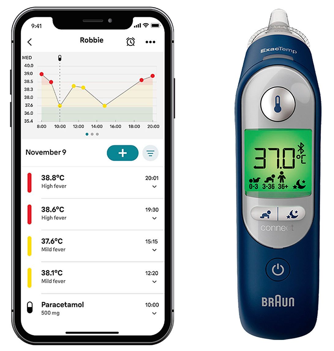 Braun Fieberthermometer ThermoScan® 7+ connect Ohrthermometer IRT6575NWE, Für alle Altersgruppen geeignet, einschließlich Neugeborene, Bluetooth