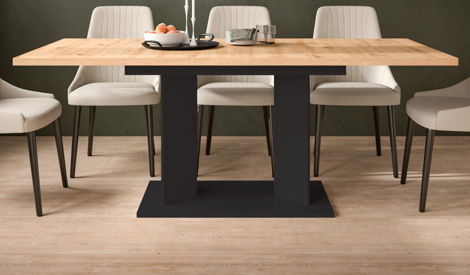 Inn.Furn Säulen-Esstisch Anton (Esszimmer Tisch in Eiche Artisan mit Schwarz, ausziehbar von 150 - 190 cm), für 2 bis 8 Personen