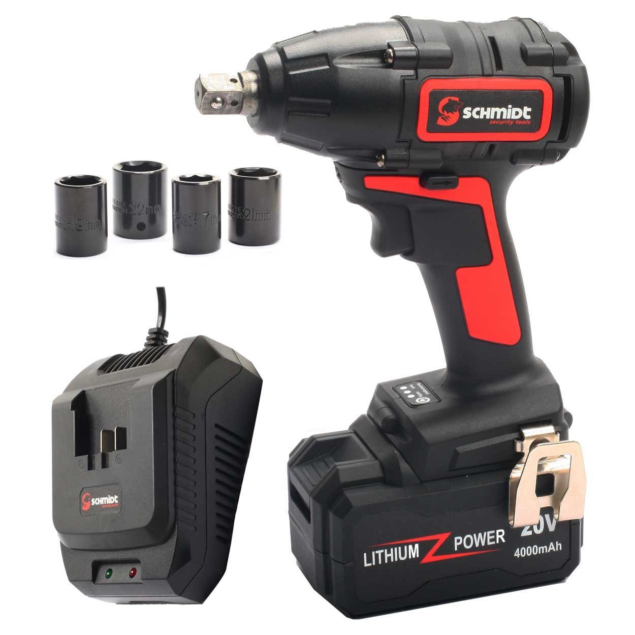 SCHMIDT security tools Akku-Schlagschrauber IW-350 LED Impulsschrauber 350Nm Akku-Drehschlagschrauber bürstenlos 3-Gang 1/2" inkl. Akku 20V 4,0Ah Ladegerät Stecknuss-Set