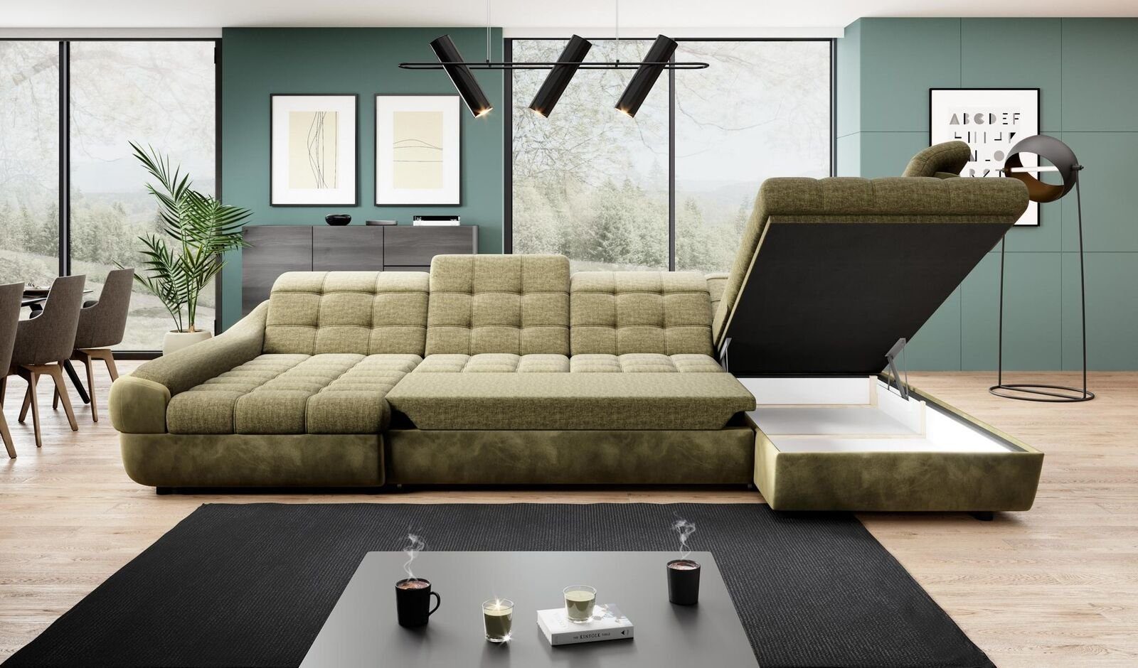 Sofas Ecksofa U Sofa Design Form Ecksofa, Couch Grün Garnitur JVmoebel Polster Wohnlandschaft