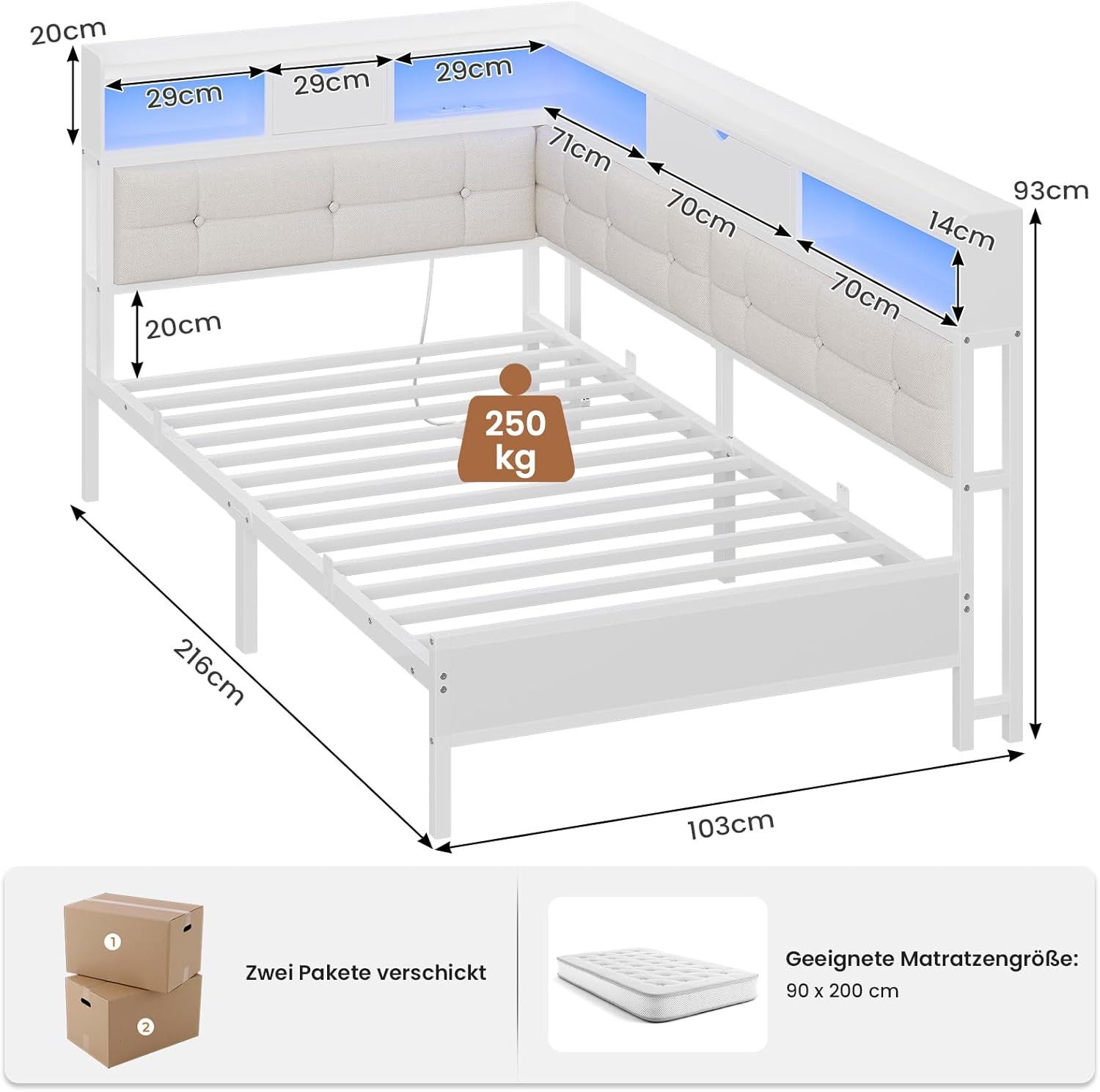 MSMASK Daybett Polsterbett Jugendbett mit LED-Beleuchtung und USB-Ladestation, Bettgestell mit Lattenrost aus Metall, 90 x 200 cm