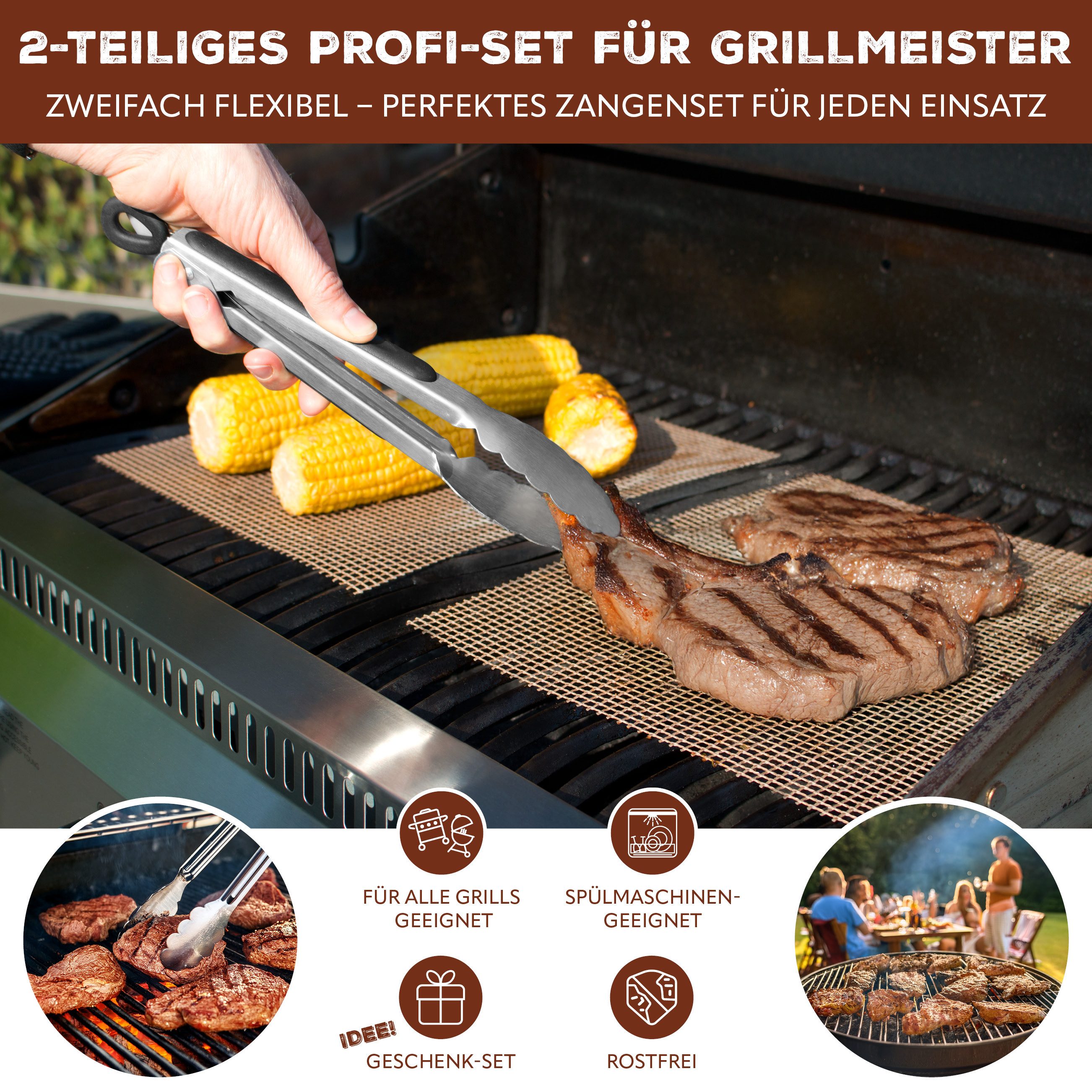 bremermann Grillzange Grillzangen 2er-Set, ca. 44,5 (XL) und 28 (S) cm Länge, Edelstahl, mit Feststellmechanismus