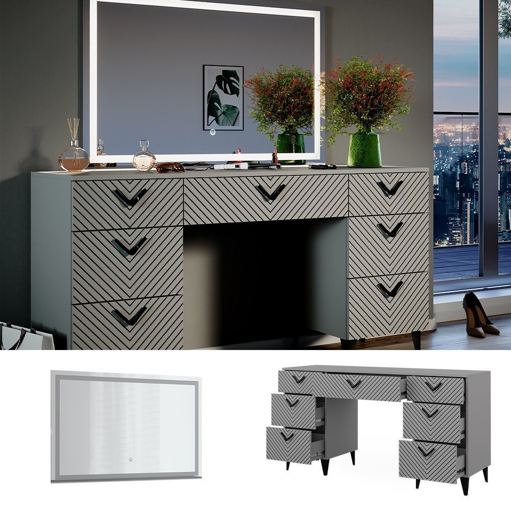 Vicco Schminktisch Anett, Grau, 150 cm mit LED-Spiegel günstig online kaufen