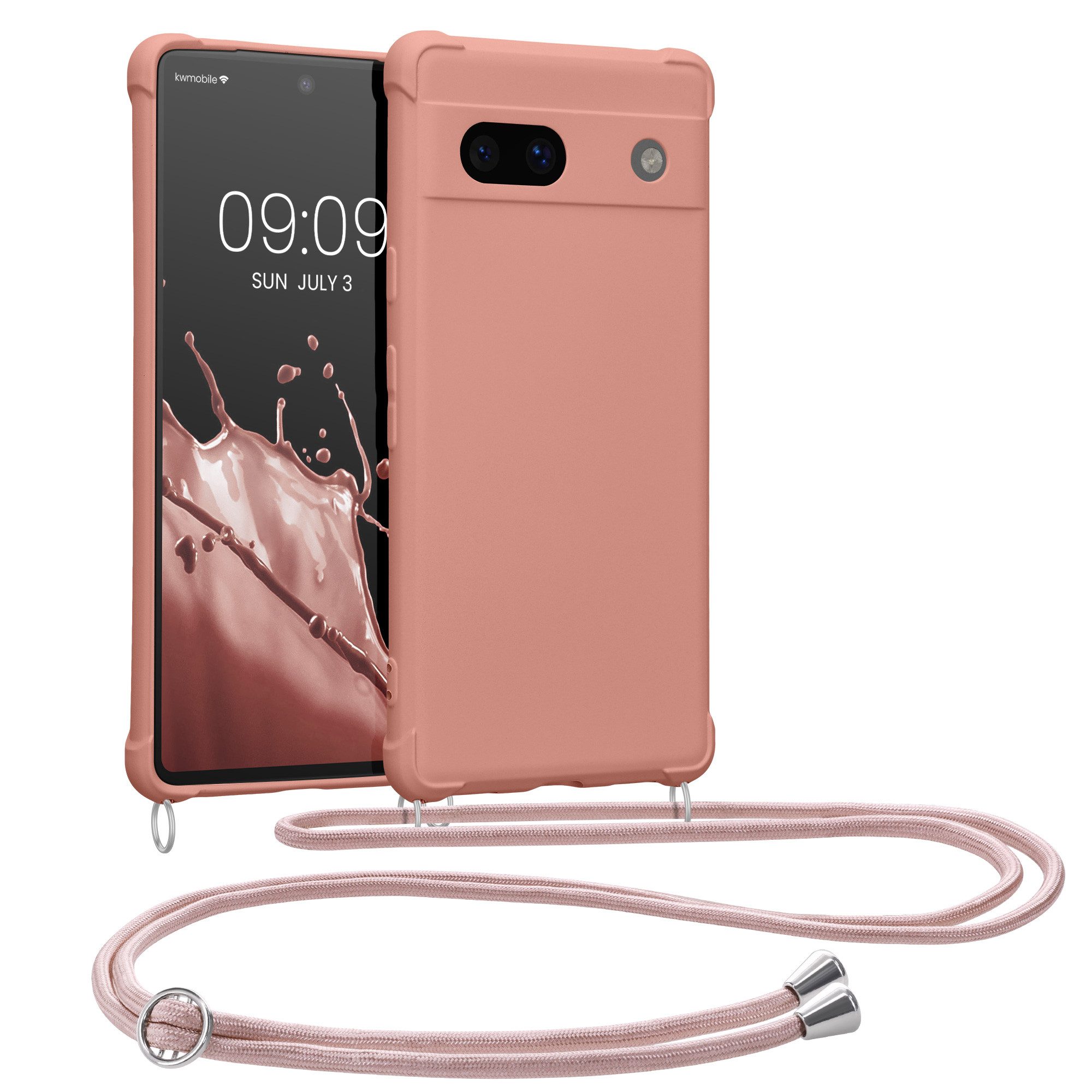 kwmobile Etui Hülle für Google Pixel 7a, mit Metall Kette zum Umhängen - Silikon Handy Cover Case Schutzhülle