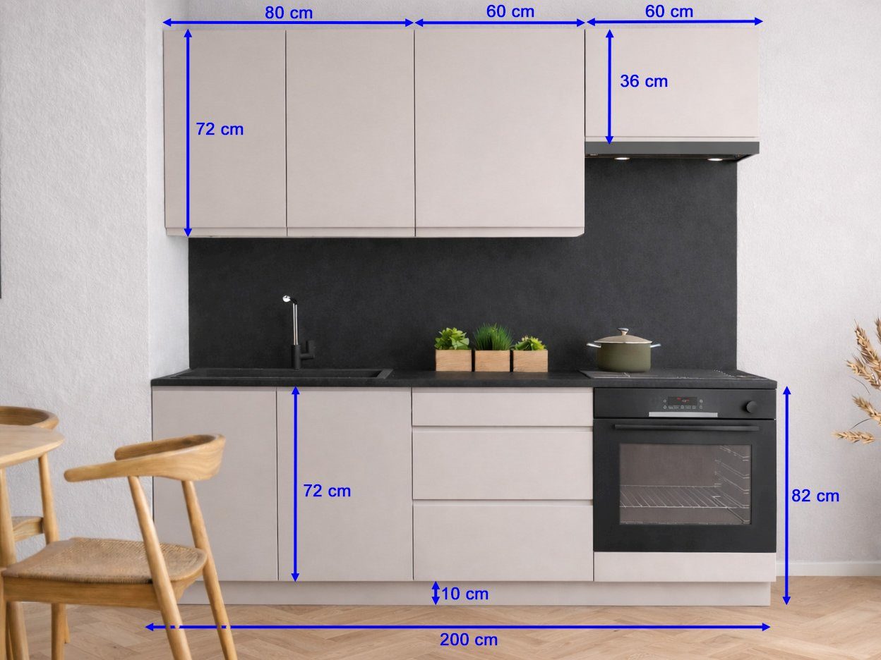 Möbel für Dich Küchenzeile Moderne Grifflose Einbauküche VELO 200 cm, 6-teilig, mit SoftClose, Fronten aus 19 mm Acrylplatte, Korpusstärke 18 mm