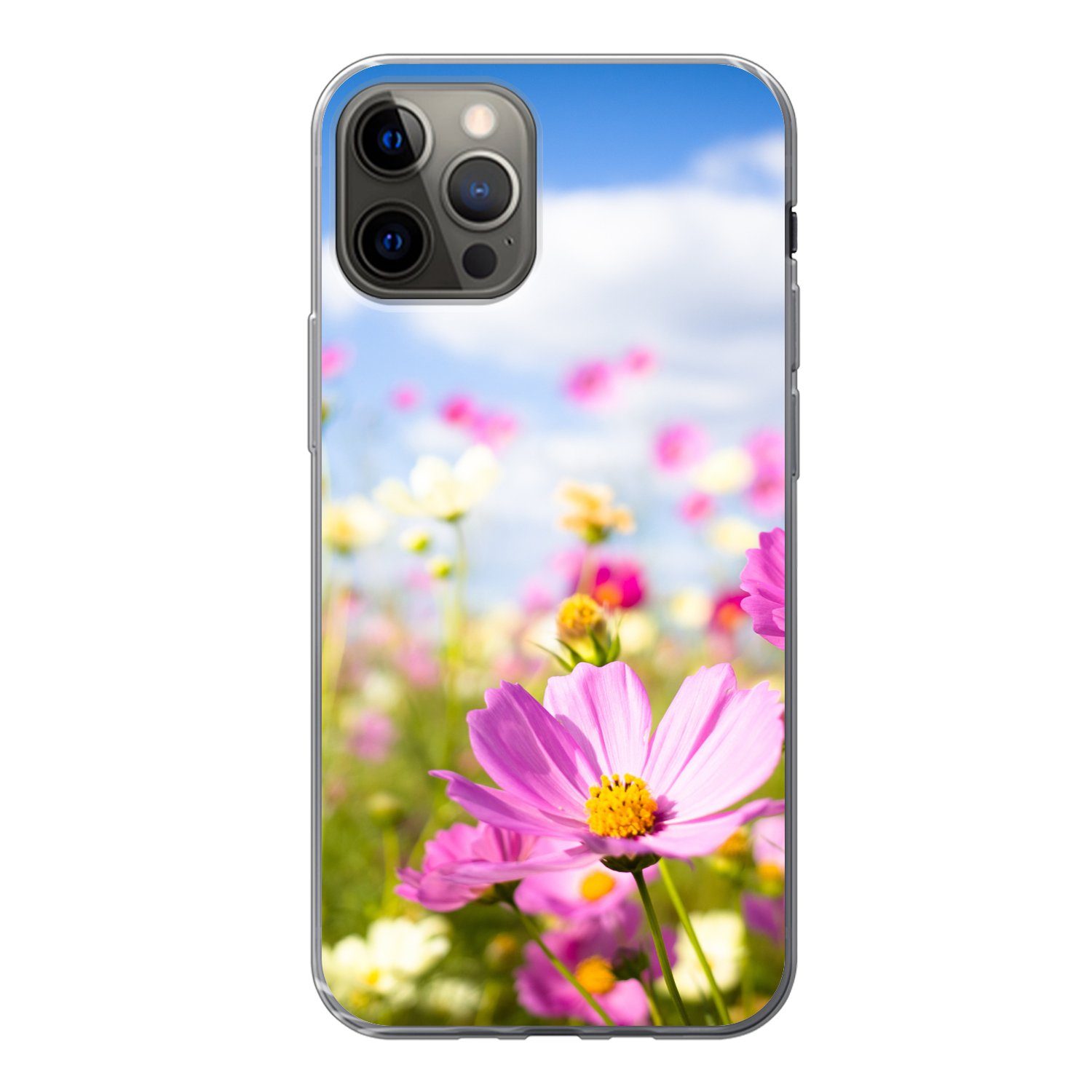 MuchoWow Handyhülle für Apple iPhone 12 Pro Blumen - Wiese - Lila - Gras - Weiß - Wolken -, Smartphone-Bumper, Print, Handy Schutzhülle Dünn