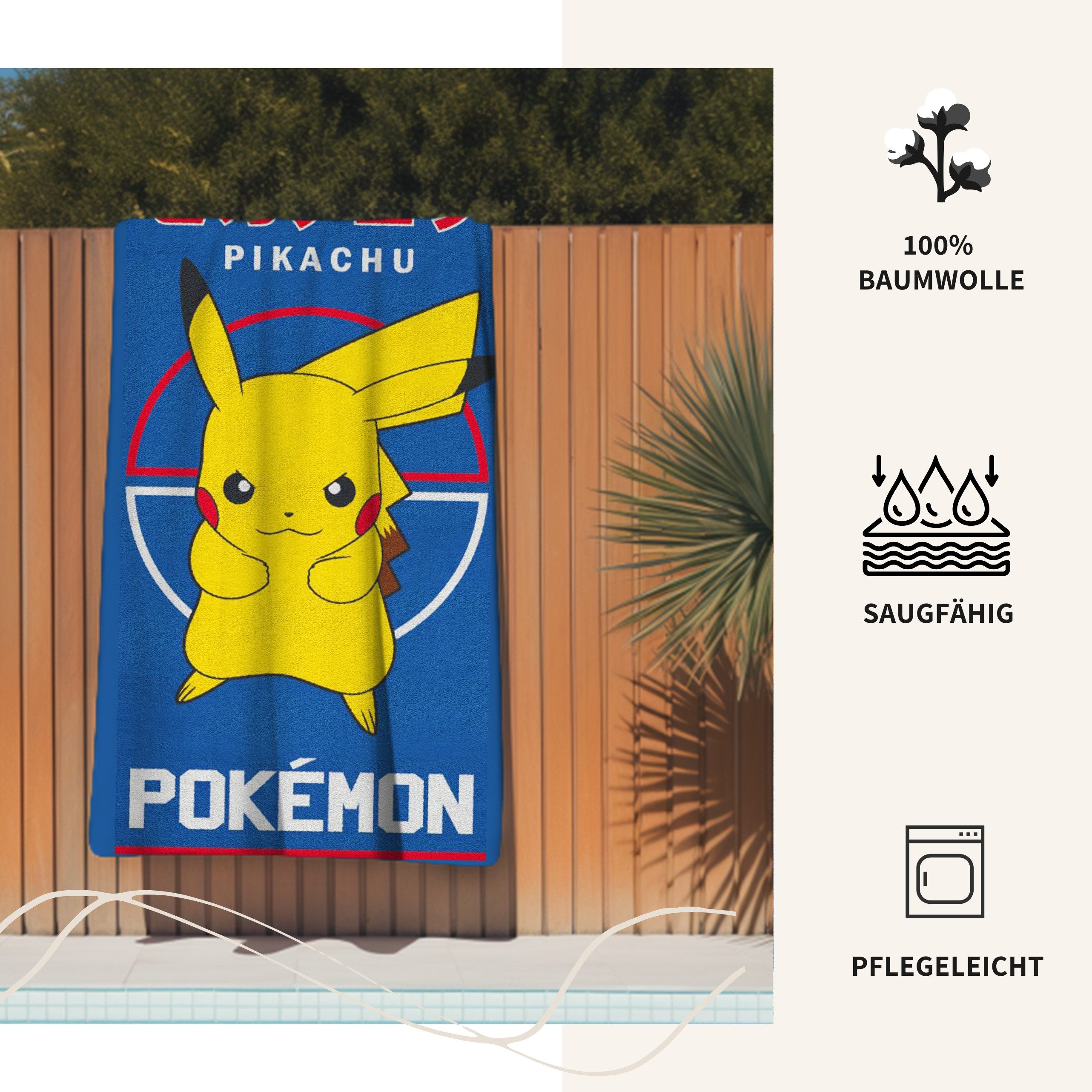 MTOnlinehandel Badetuch Pokemon blau, Geschenkidee für Kinder, 70x140cm, Fanartikel, 100% Baumwolle (1-St), weich und saugfähig, Pikachu