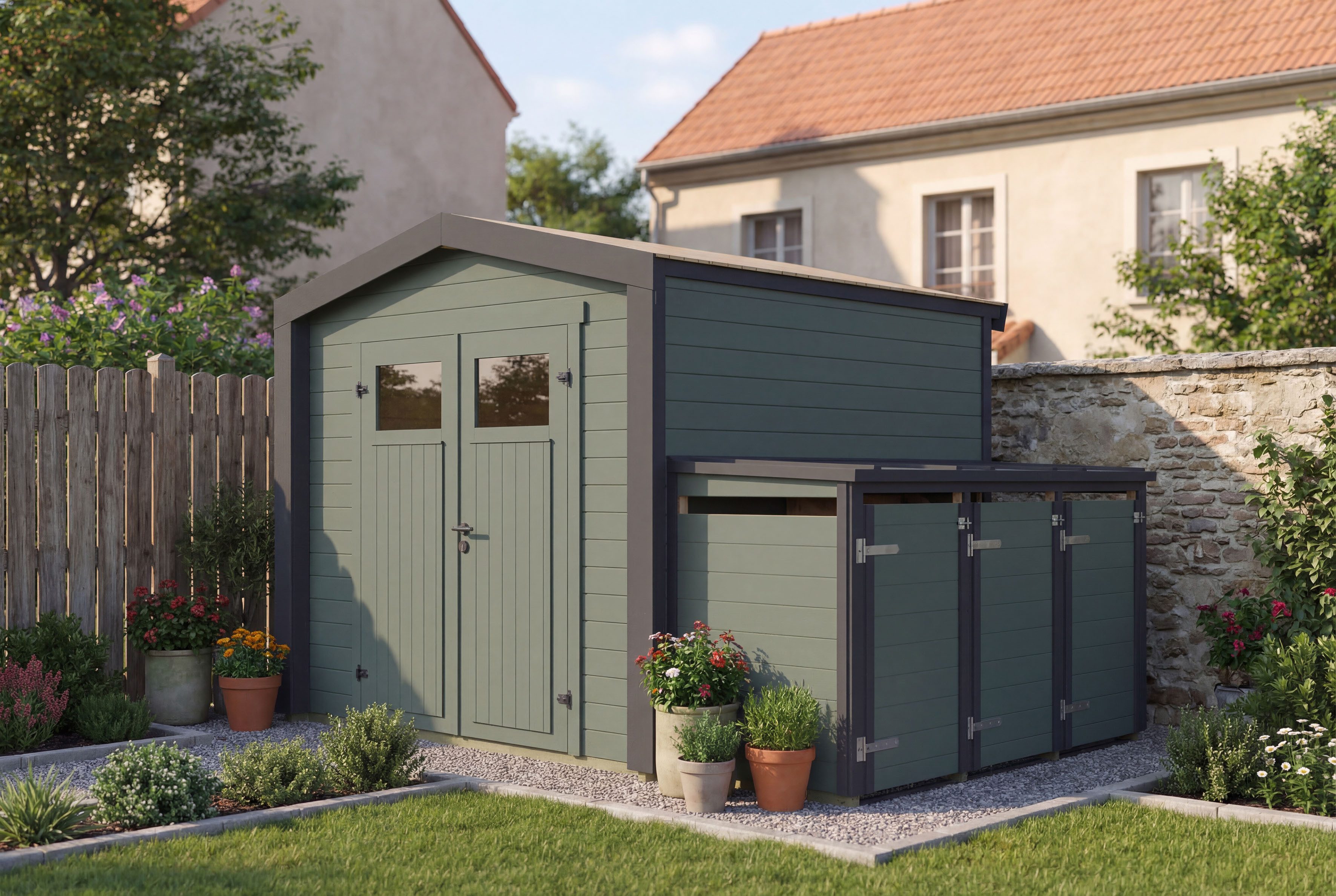 weka Gartenhaus Killarney, BxT: 351x263 cm, Doppeltür, 1/4 verglast, inkl. 3er Mülltonnenbox