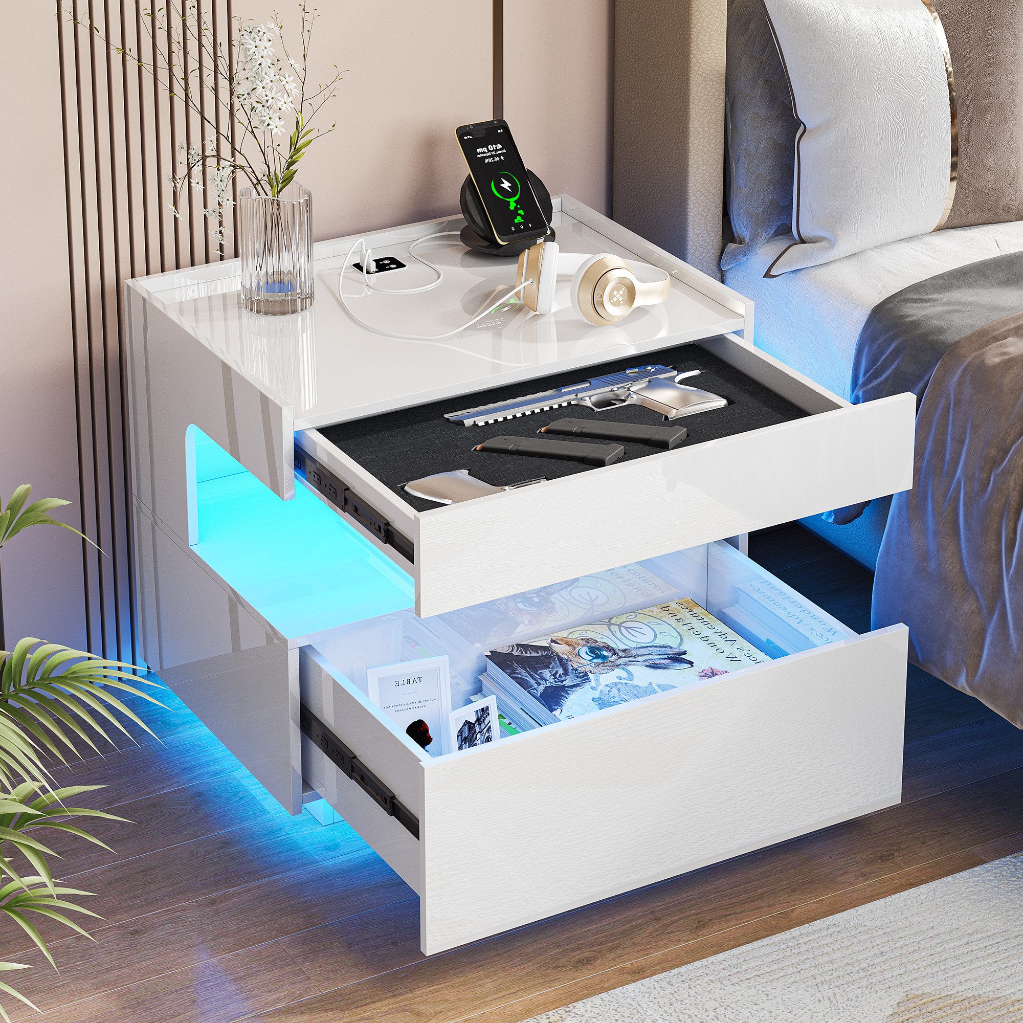 LVSOMT Nachttisch LED Nachttisch mit Ladestation, 2 Schubladen, 3 Farben Licht (1-St), 55x40x50cm, weiß