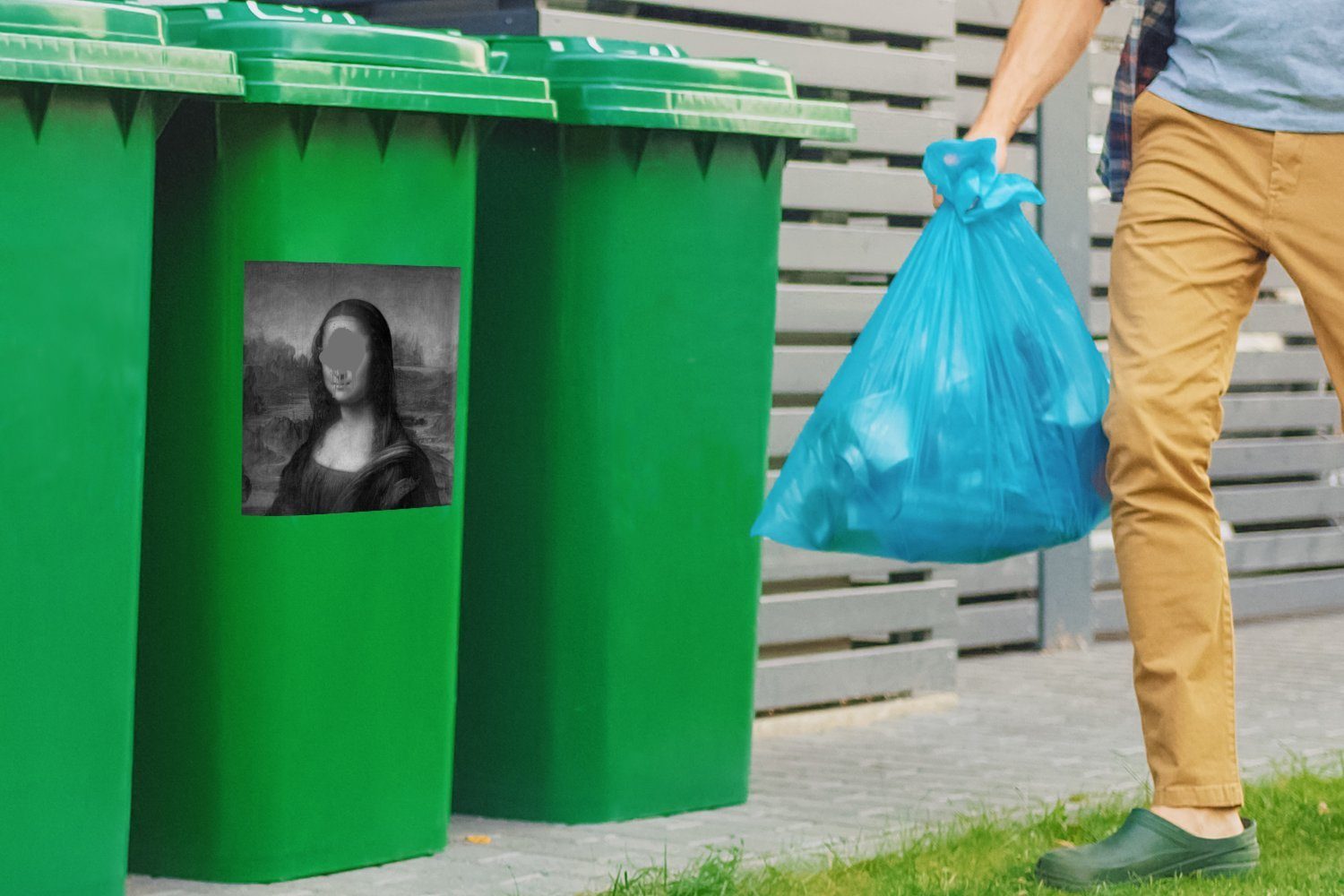 Schwarz St), Weiß Abfalbehälter Mona Leonardo Lisa da Mülleimer-aufkleber, Mülltonne, - - (1 Vinci Container, Sticker, MuchoWow Wandsticker -