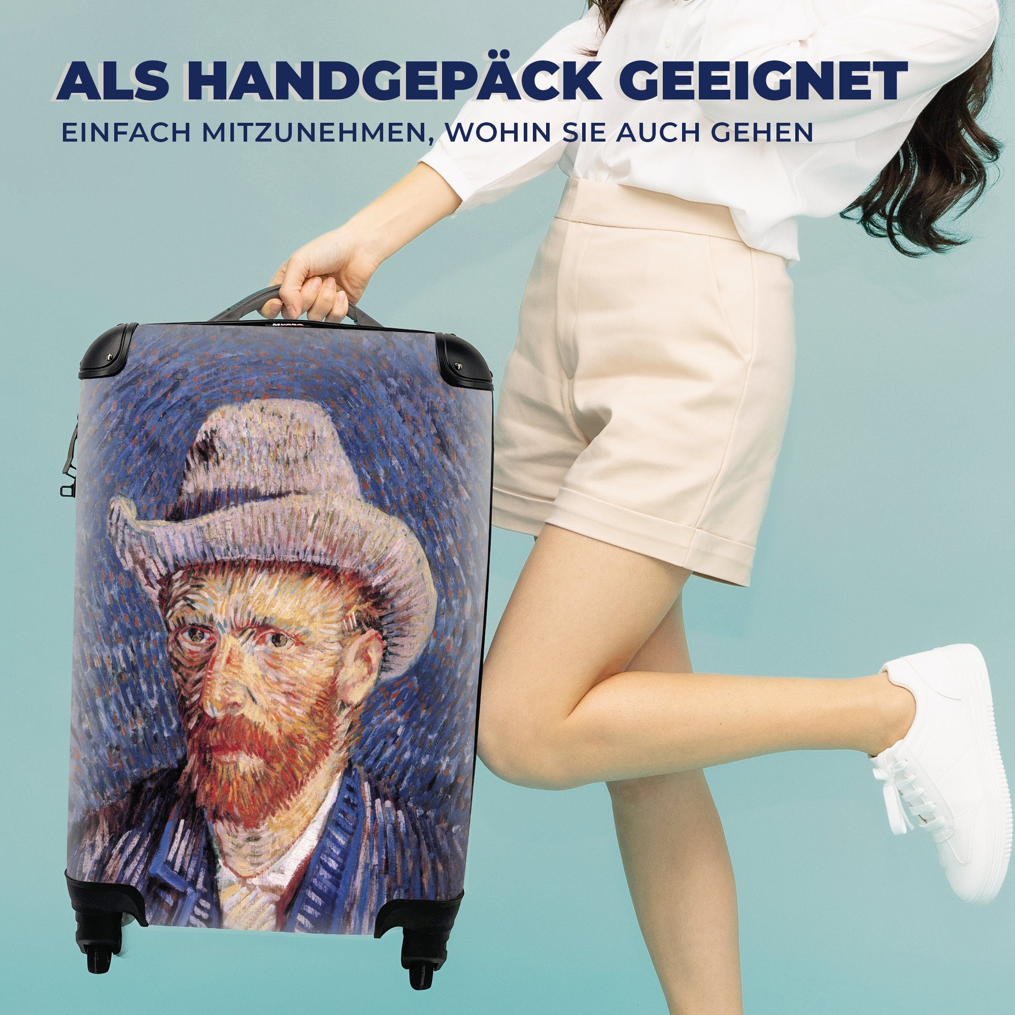 Gogh, mit - Reisekoffer für mit Selbstbildnis van rollen, MuchoWow grauem Trolley, 4 Handgepäckkoffer Reisetasche Filzhut Vincent Rollen, Ferien, Handgepäck