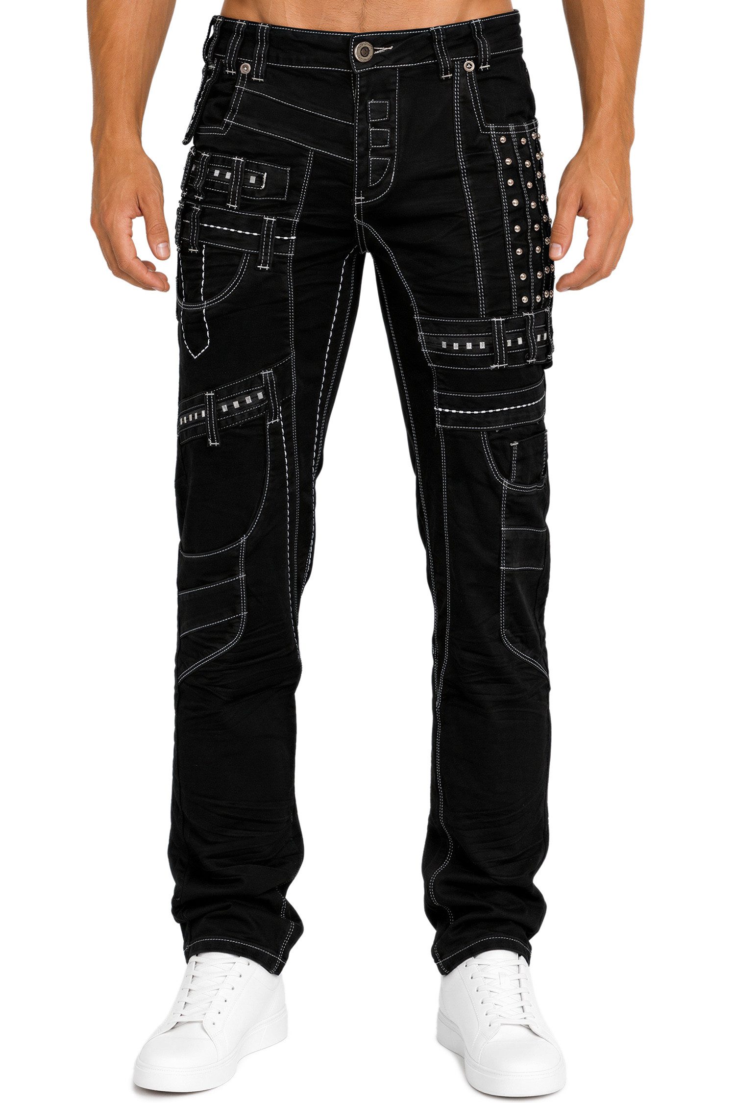 Kosmo Lupo 5-Pocket-Jeans Herren Regular Fit Jeans Stonewashed KM8004 (1-tlg) mit Nieten und Ziernähten