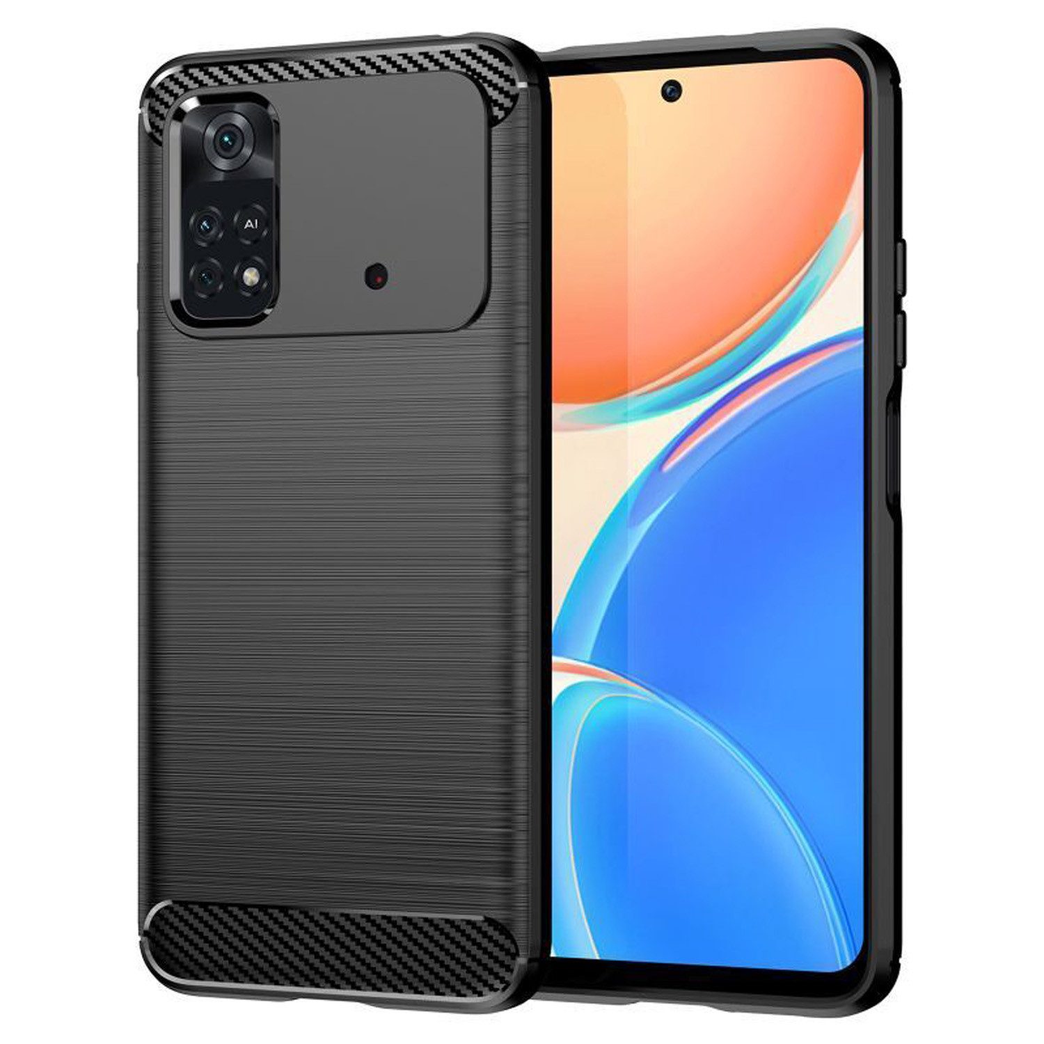 betterfon Handyhülle Carbon Hülle für Xiaomi Poco M4 Pro 4G Backcover TPU Silikon Schwarz, Carbon-Look – stoßfestes Case mit Air-Cushion & Metall-Optik