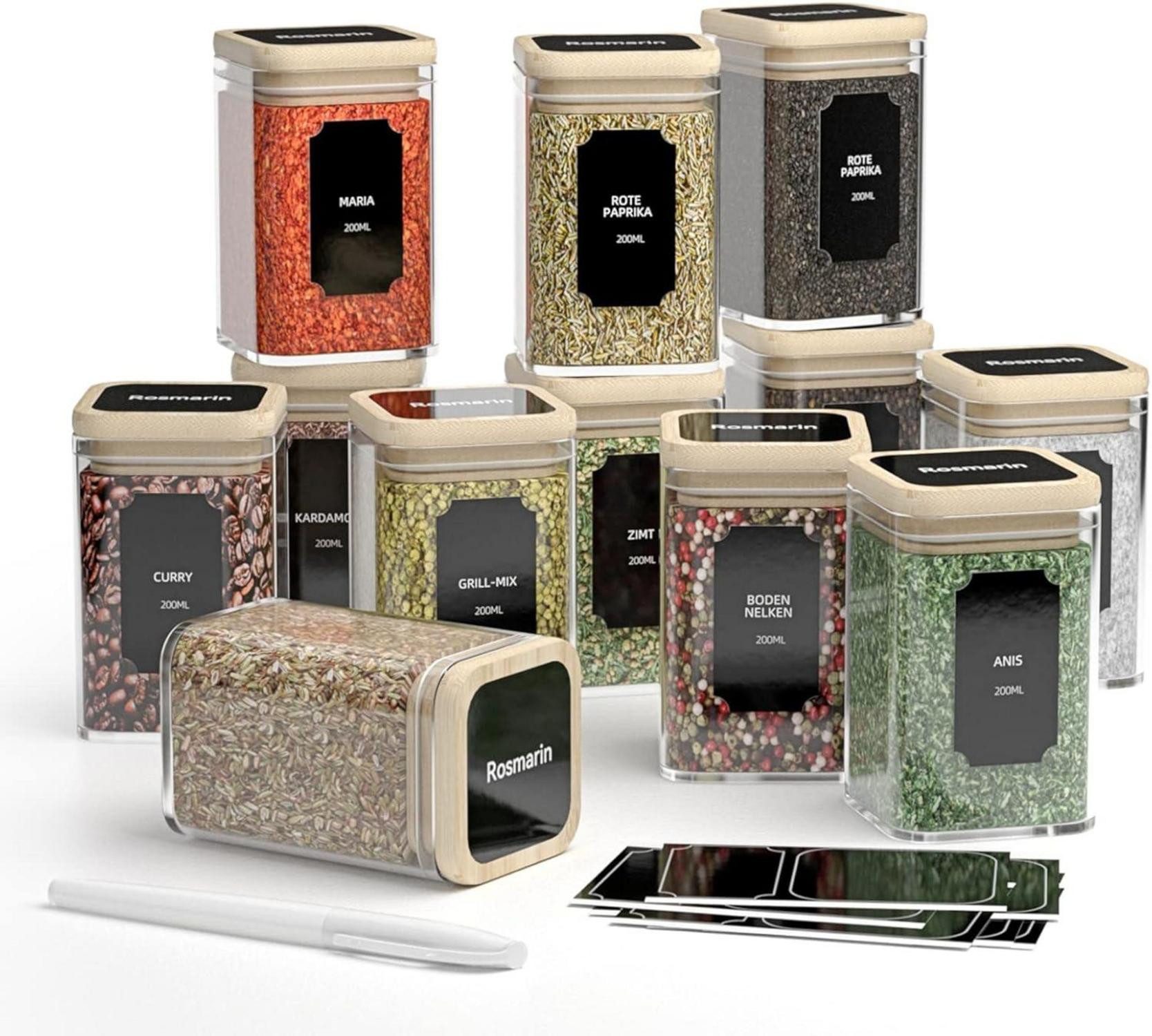LuxusKollektion Gläser-Set Gewürzgläser Set 12 x 200ml Eckig Glasbehälter Bambusdeckelluftdicht