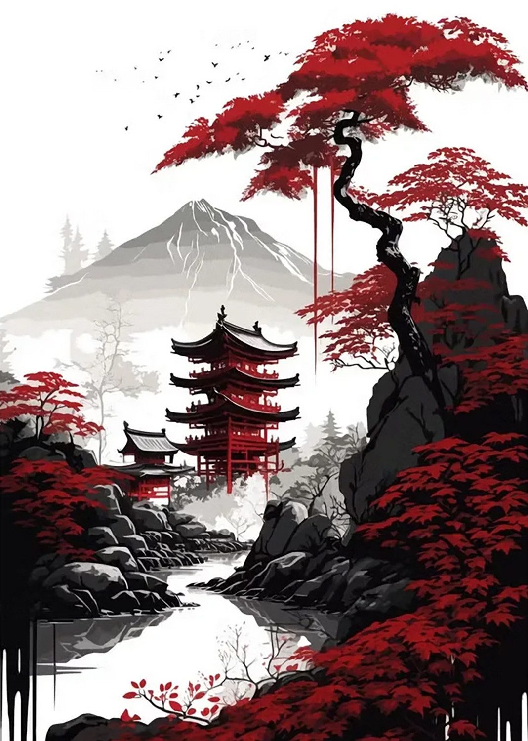 TPFLiving Kunstdruck OHNE RAHMEN, Japanische Landschaften, Berge und Tempel - (Leinwandbild XXL), Farben: Farben: Rot und schwarz - Größe: 20x30cm