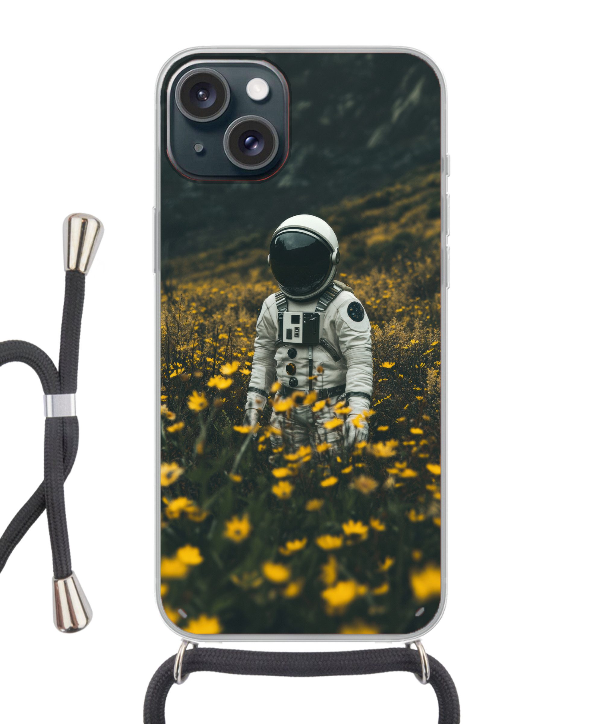 MuchoWow Handyhülle für Apple iPhone 15 Astronaut - Blumen - Feld - Gelb, Tragbare Handyhüllen mit Kette zum umhängen, Handykette Handyband