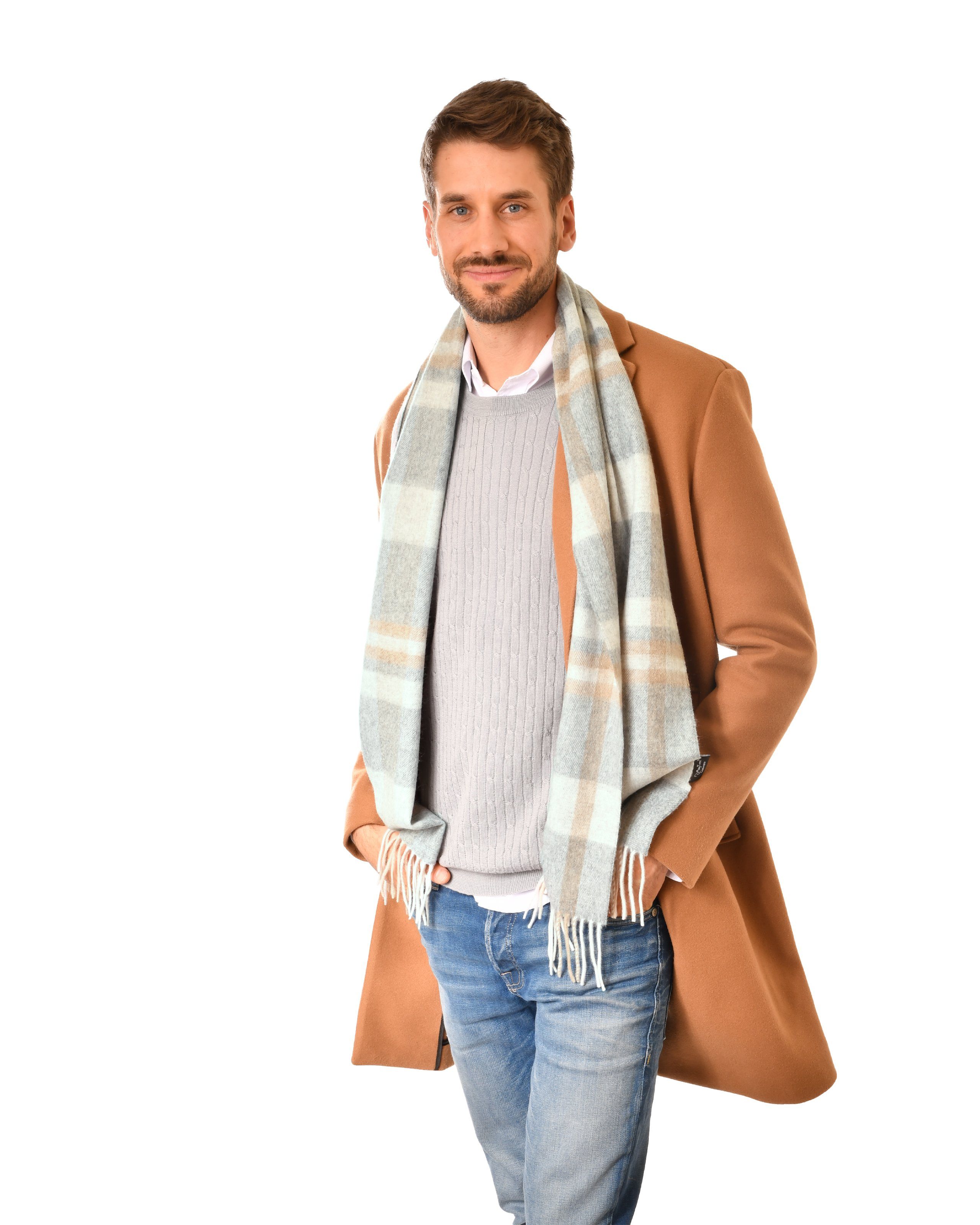 MayTree Kaschmirschal Unisex, 180 x 30cm, mit Fransen, kariert Grau Beige, (Stück, 1-St), 100% Kaschmir