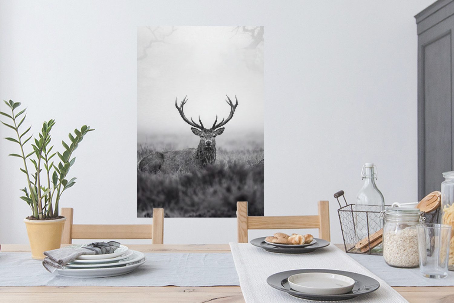 MuchoWow Wandsticker Hirsch - Neblig - Schwarz - Weiß (1 St), Wanddeko, Aufkleber, Wandtattoo, 60x90 cm