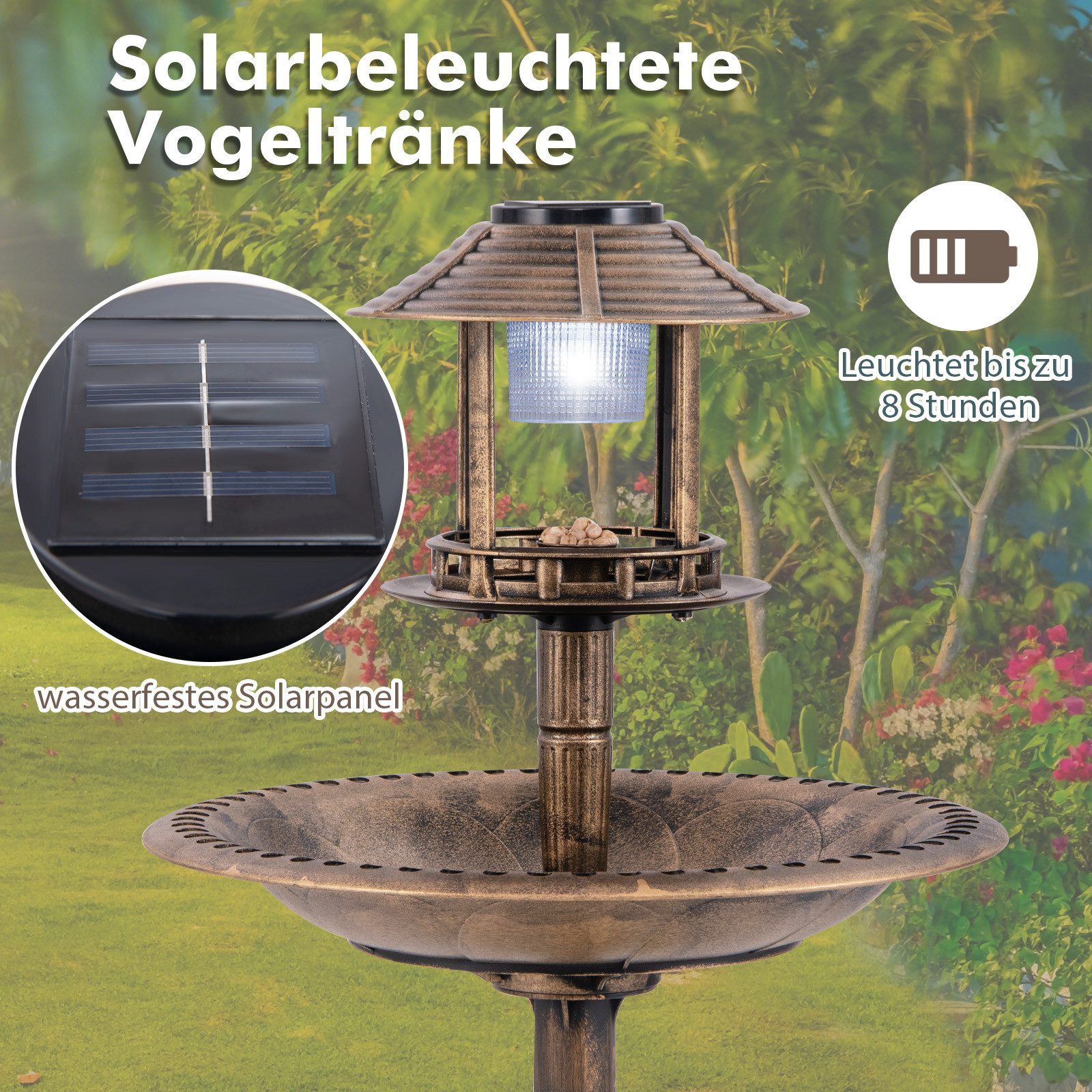 KOMFOTTEU Vogeltränke, Wassertränke Vogelbad Retro mit Solarlicht