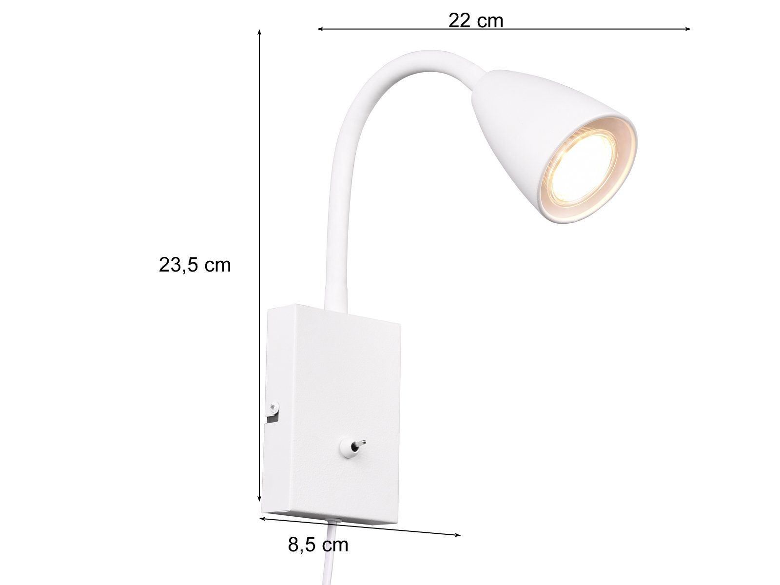 Weiß Höhe meineWunschleuchte Dimmfunktion, Stecker LED Schalter innen wechselbar, 23,5cm Nachttischlampe LED mit Leselampe, Warmweiß, matt Wand Weiß und